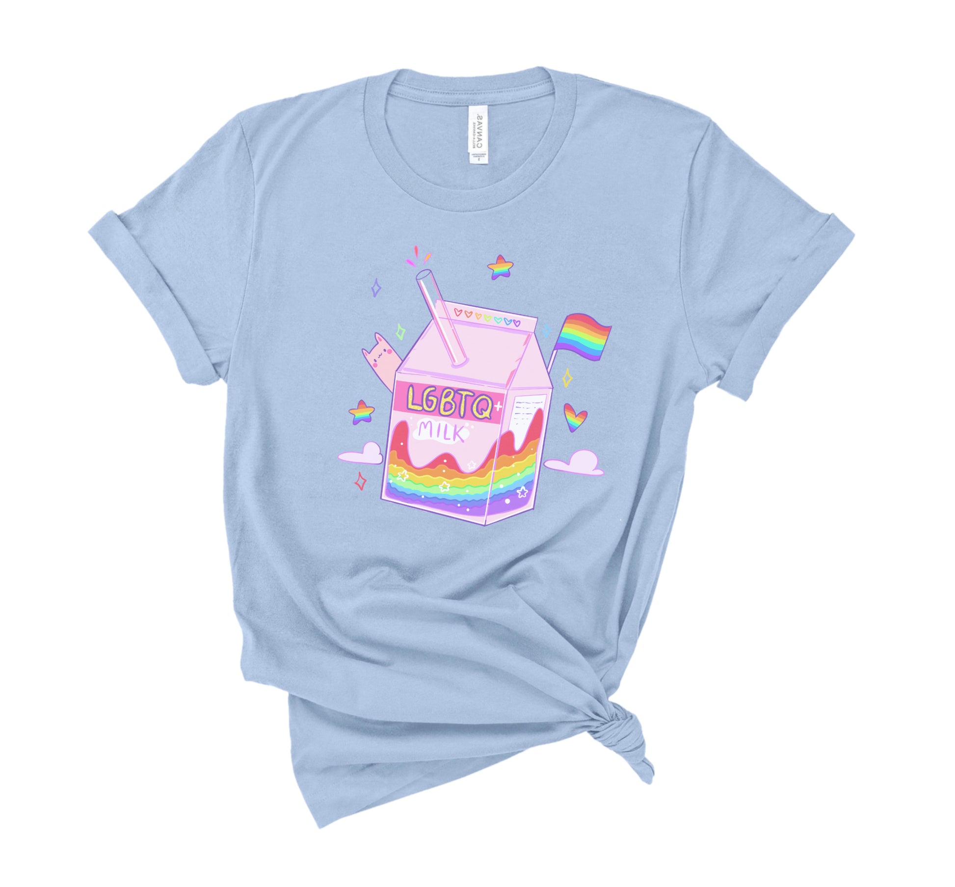 blue kawaii t-shirt with lgbtq milk on white background.