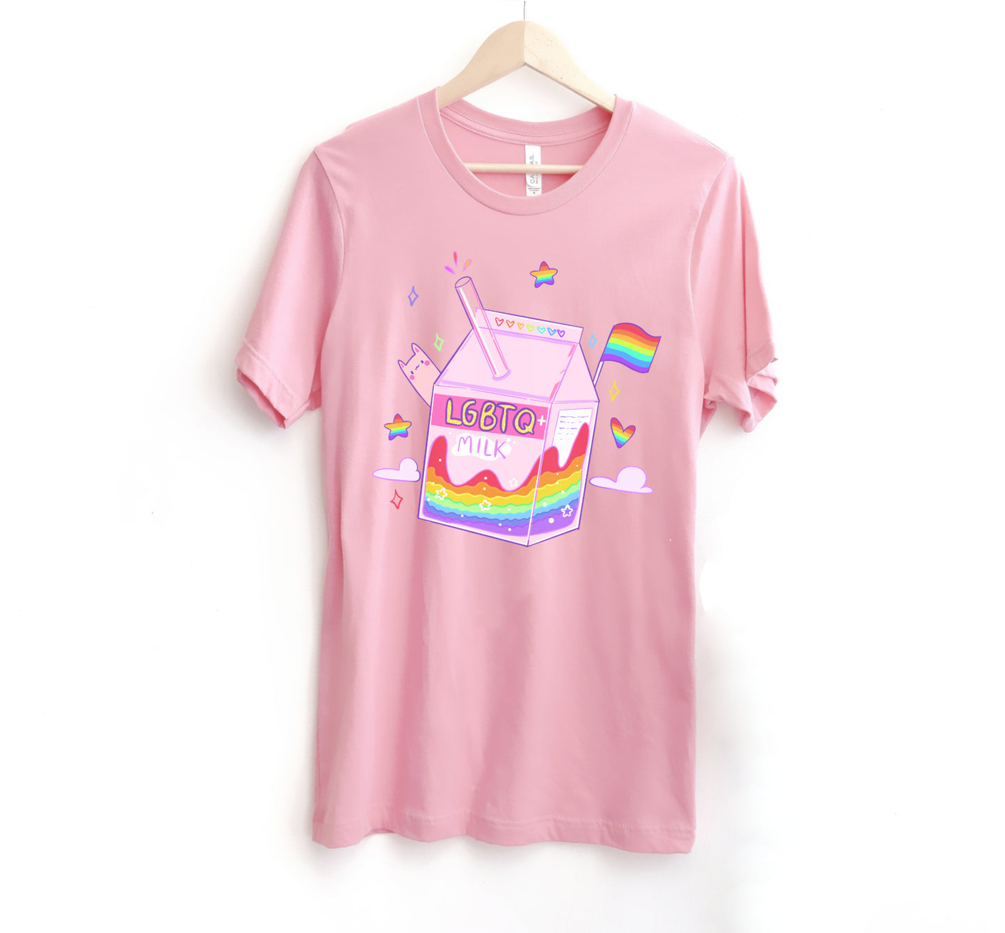 Pink kawaii t-shirt with lgbtq milk on white background.