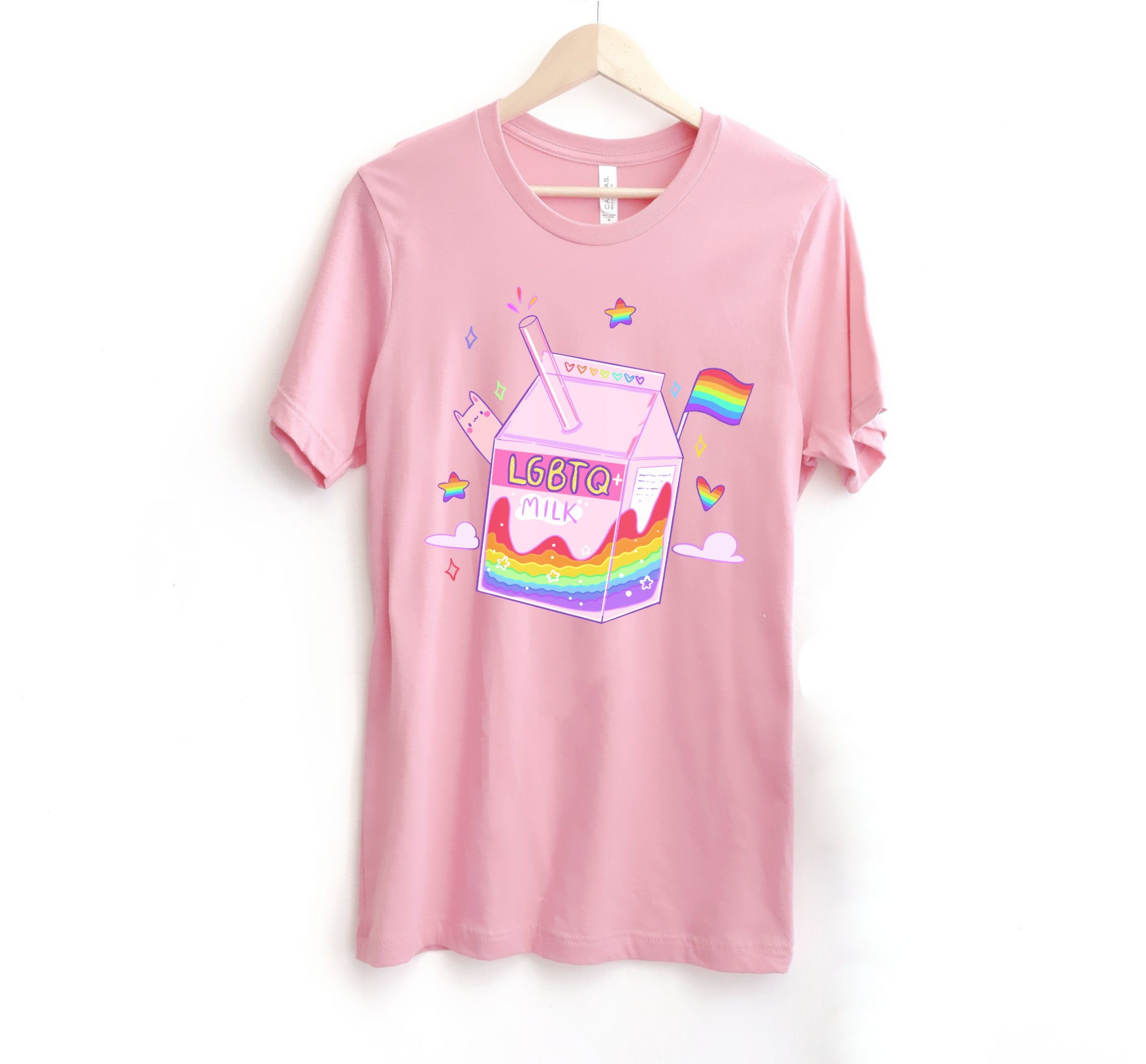 Pink kawaii t-shirt with lgbtq milk on white background.