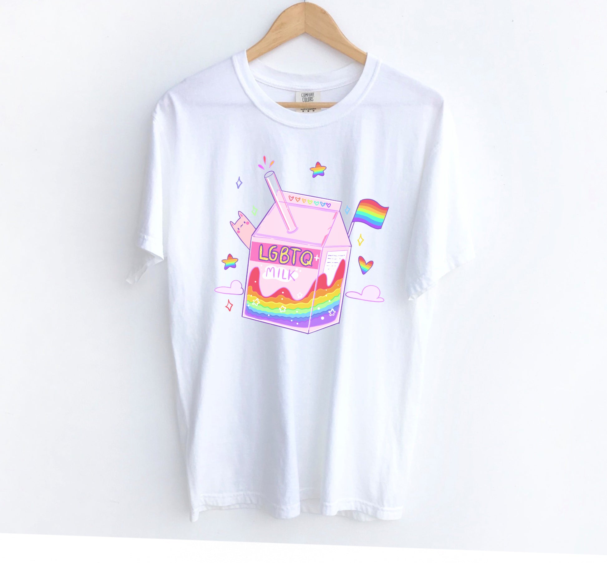 white Kawaii pride lgbtq milk_t-shirt_displayed on a white  background