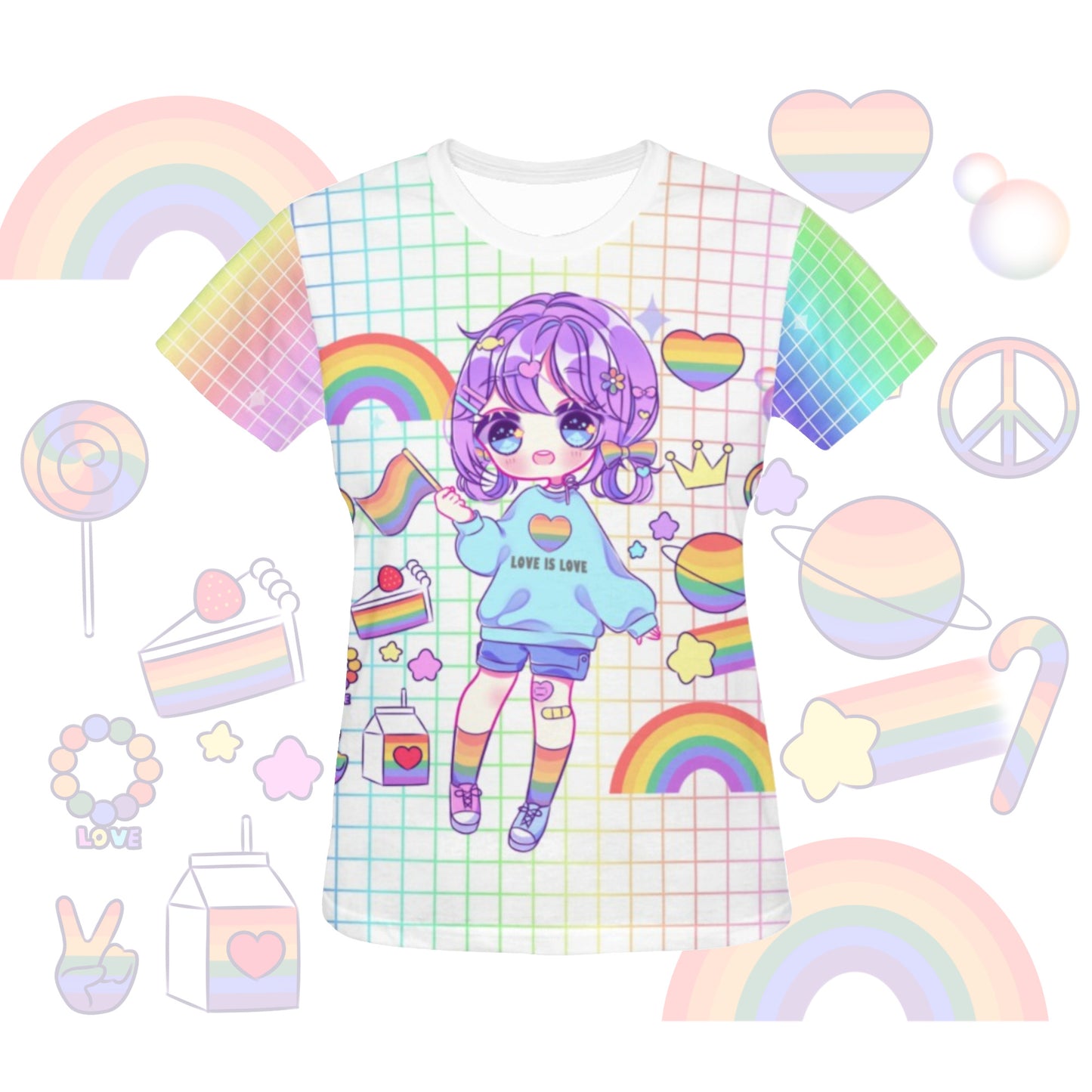 LGBT kawaii pride love is love on patterned background.