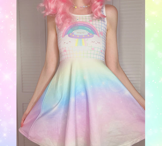 young model wearing a cute alien rainbow kawaii dress