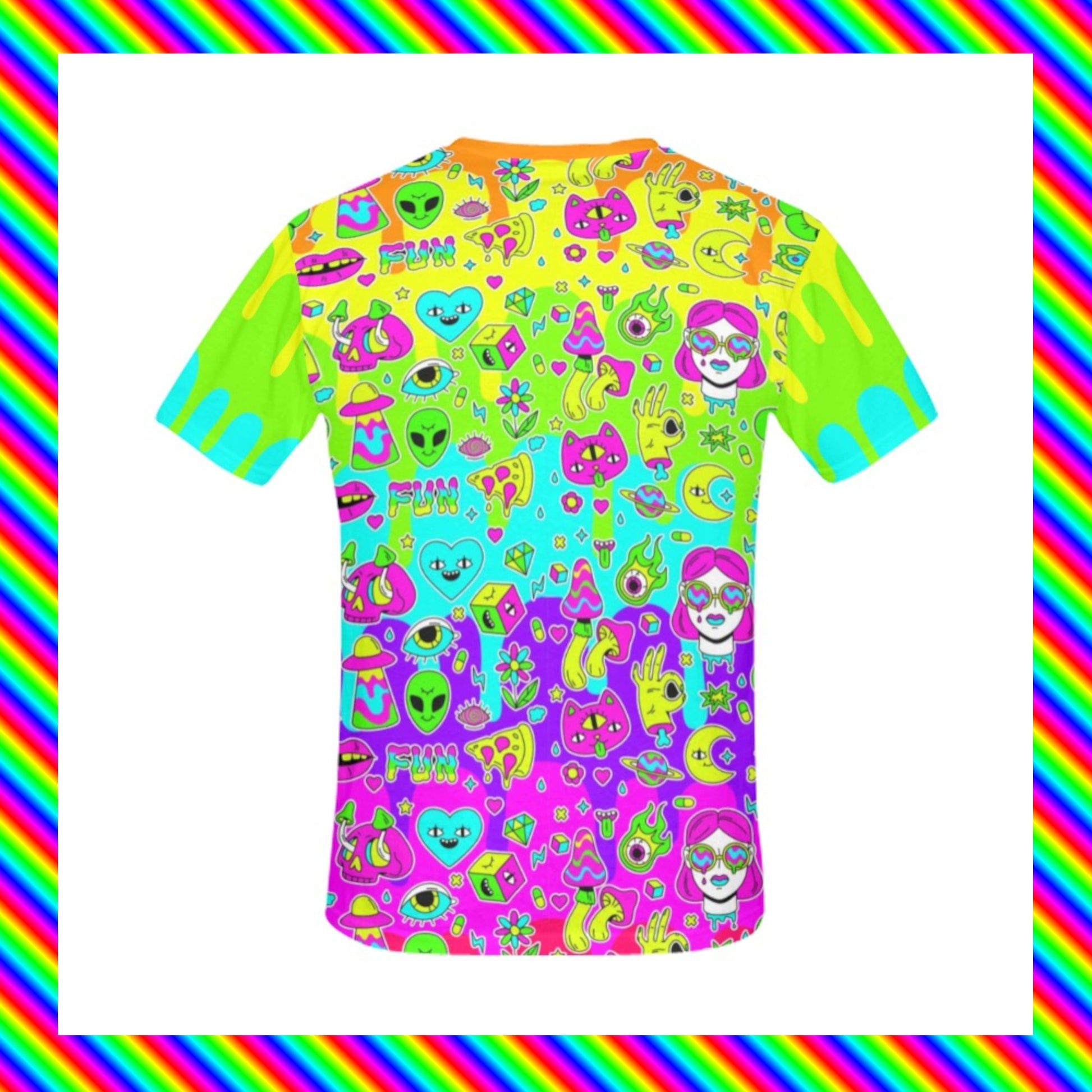 Harajuku t-shirt with trippy print on white background.