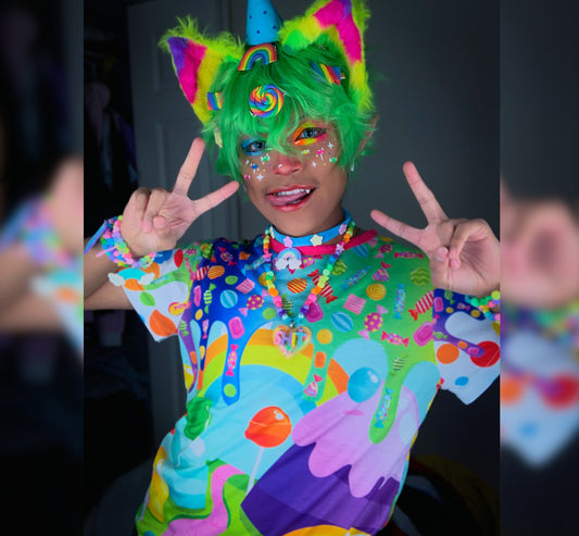 Young boy wearing a Harajuku Kidcore t-shirt with a candy print