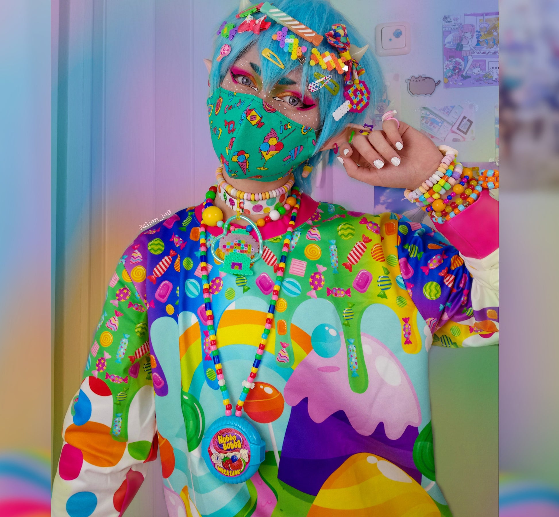 Young boy wearing a Harajuku Kidcore sweatshirt with a candy print