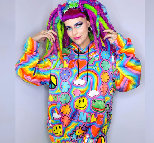 Model wearing a Harajuku Kidcore sweatshirt hoodie  with trippy print