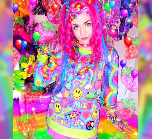 Model wearing a Harajuku Kidcore sweatshirt with trippy print
