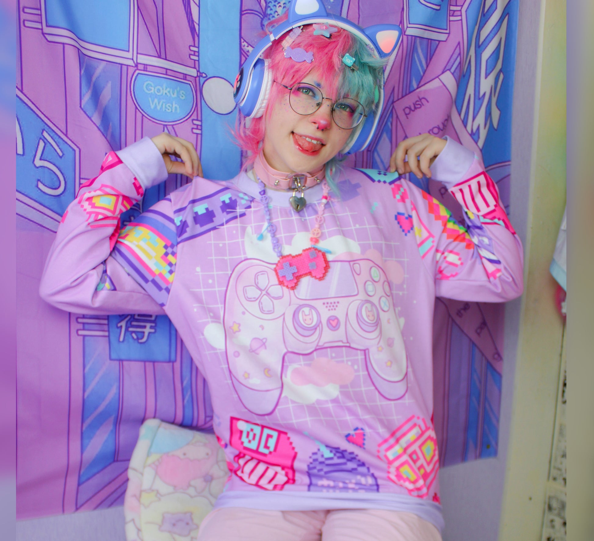 Model wearing a Harajuku Kidcore sweatshirt with videogame controller print