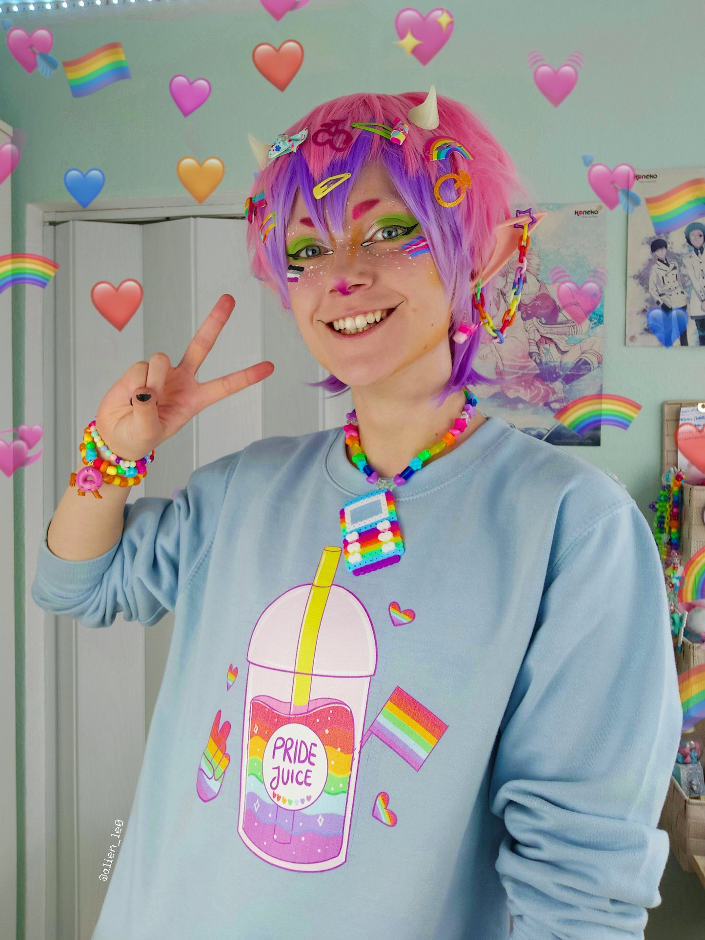 Young boy wearing a pastel kawaii pride t-shirt with a cute print