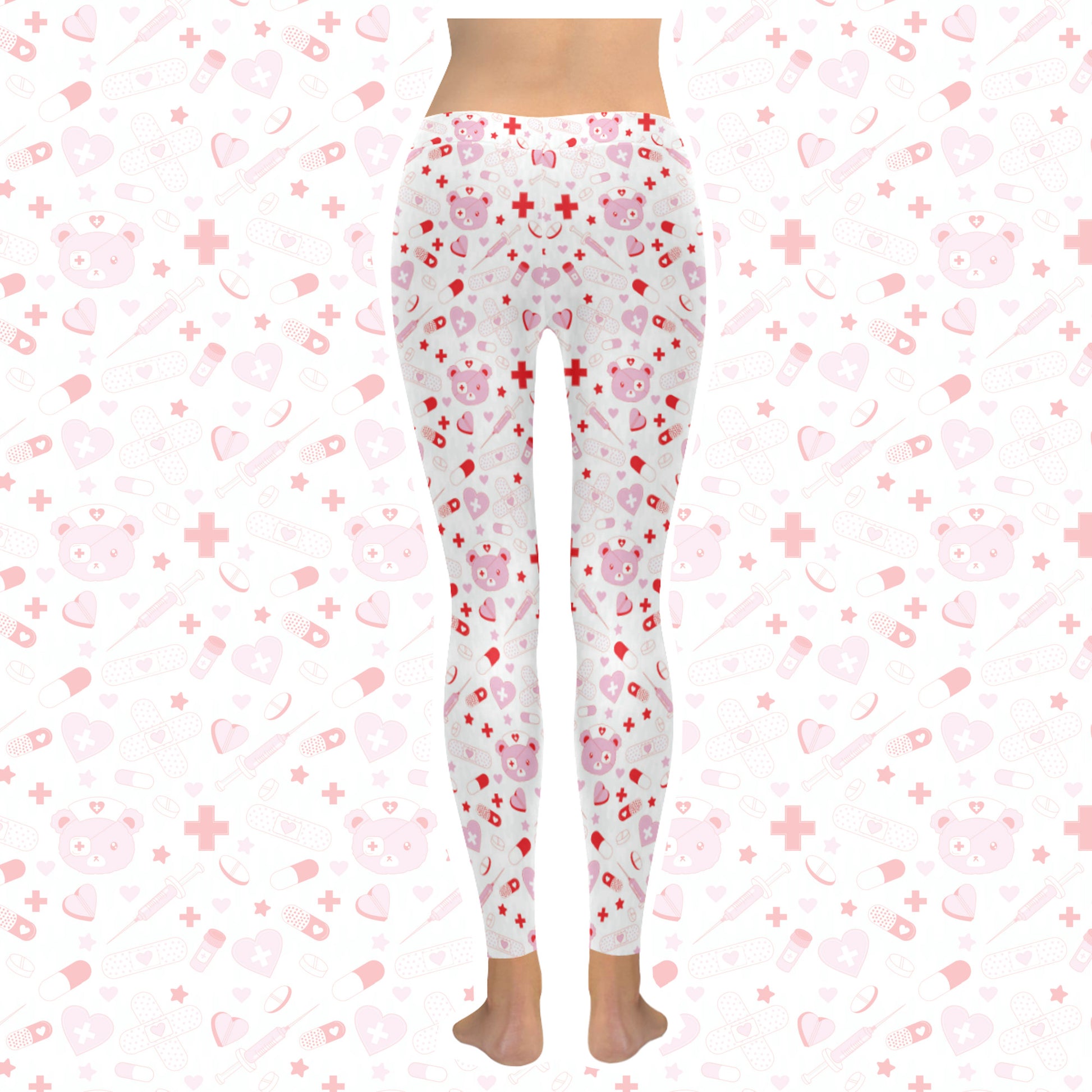 Menhera Kawaii Leggings with Cute Bear Design displayed on a pink print background