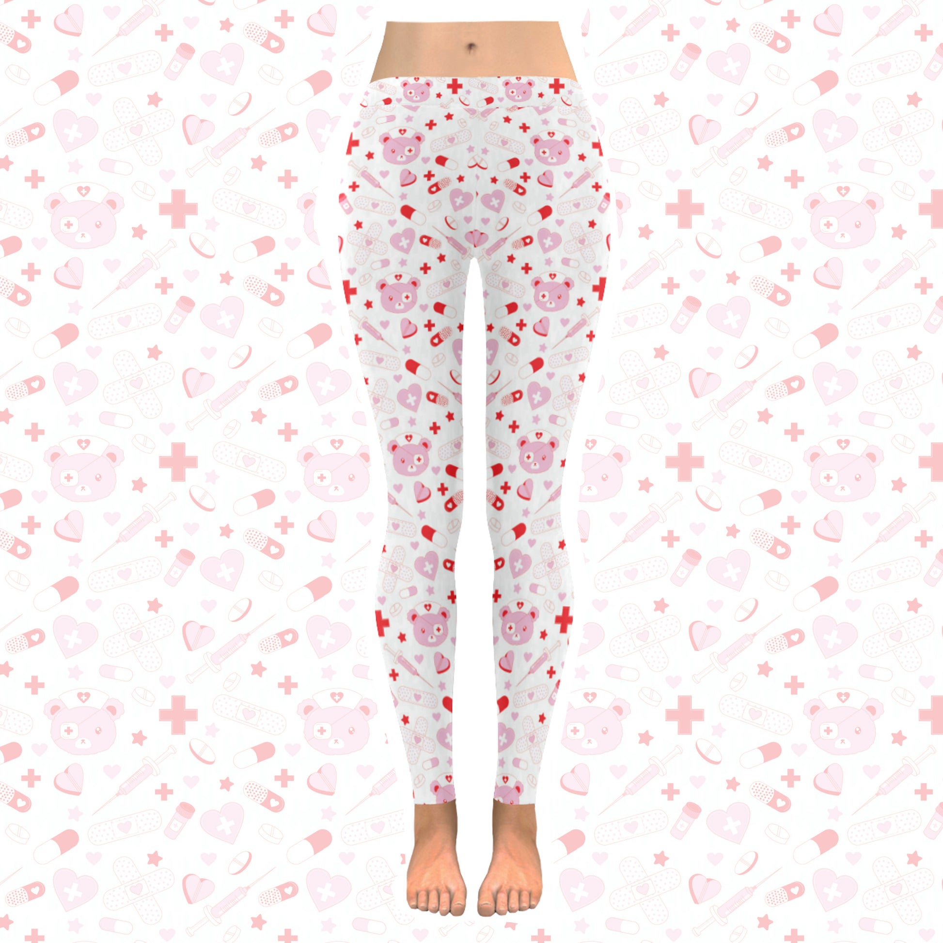 Menhera Kawaii Leggings with Cute Bear Design displayed on a pink print background