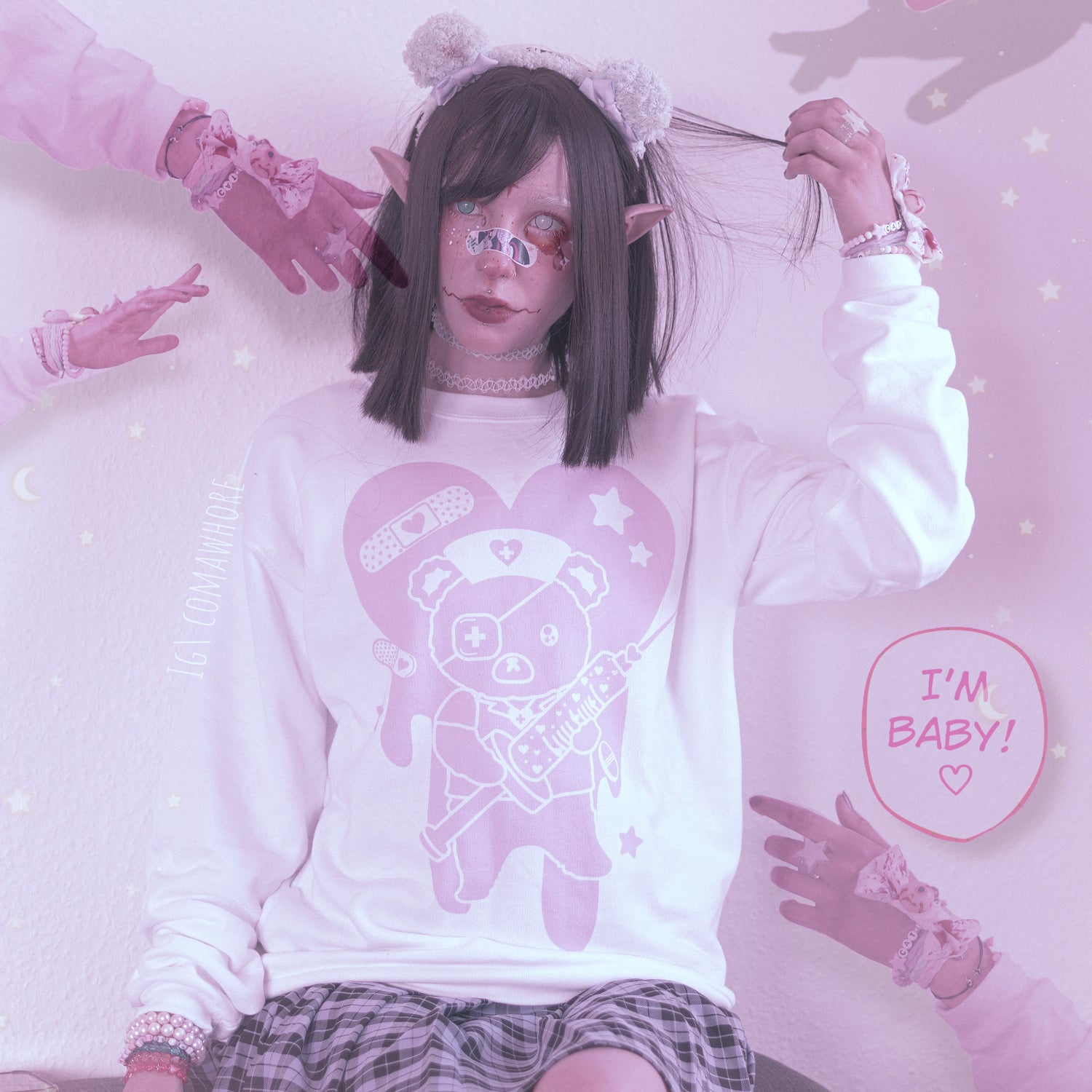 Cute girl modeling a Menhera kawaii aesthetic sweatshirt