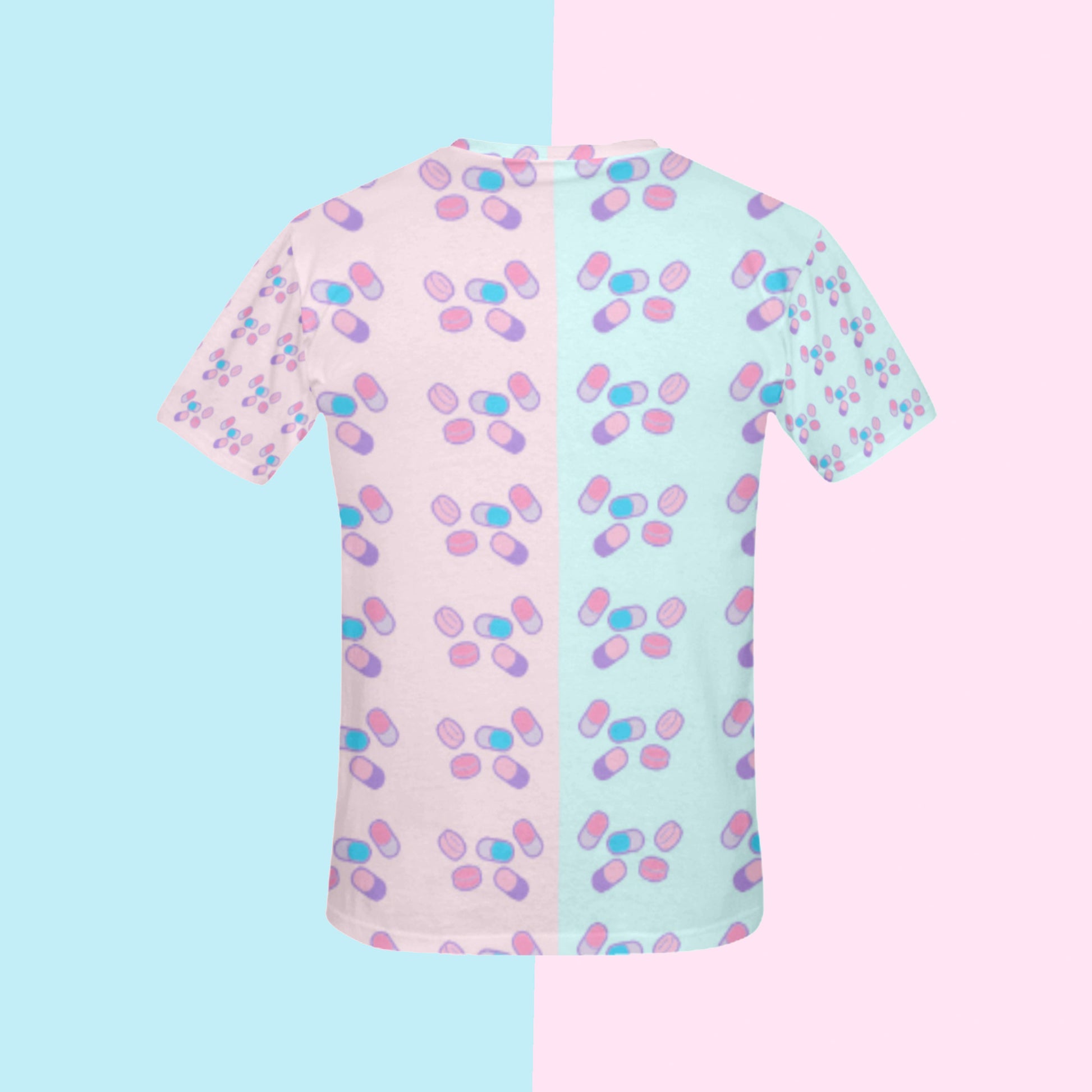 Menhera kei Harajuku Clothes pills t-shirt  displayed on pastel background.