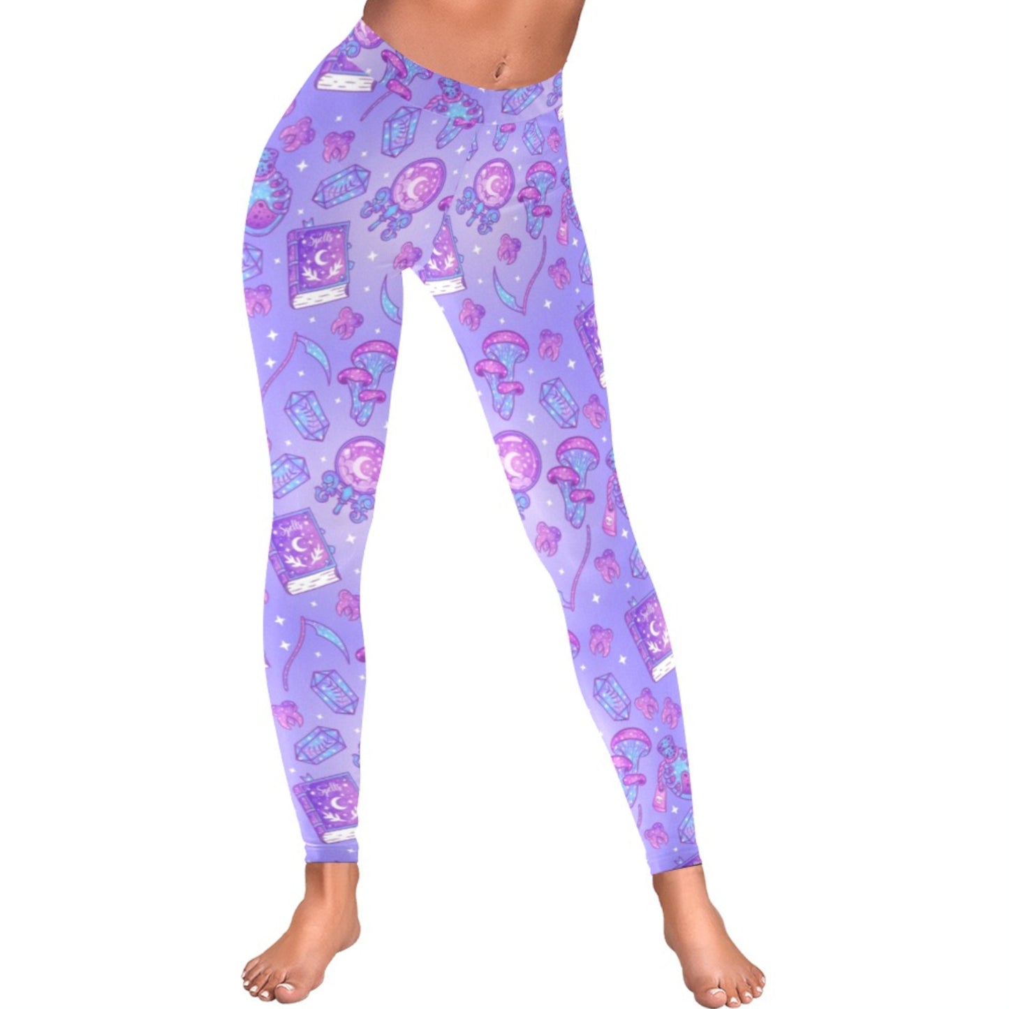 Yami kawaii Witchcraft purple leggings displayed on a clean background.
