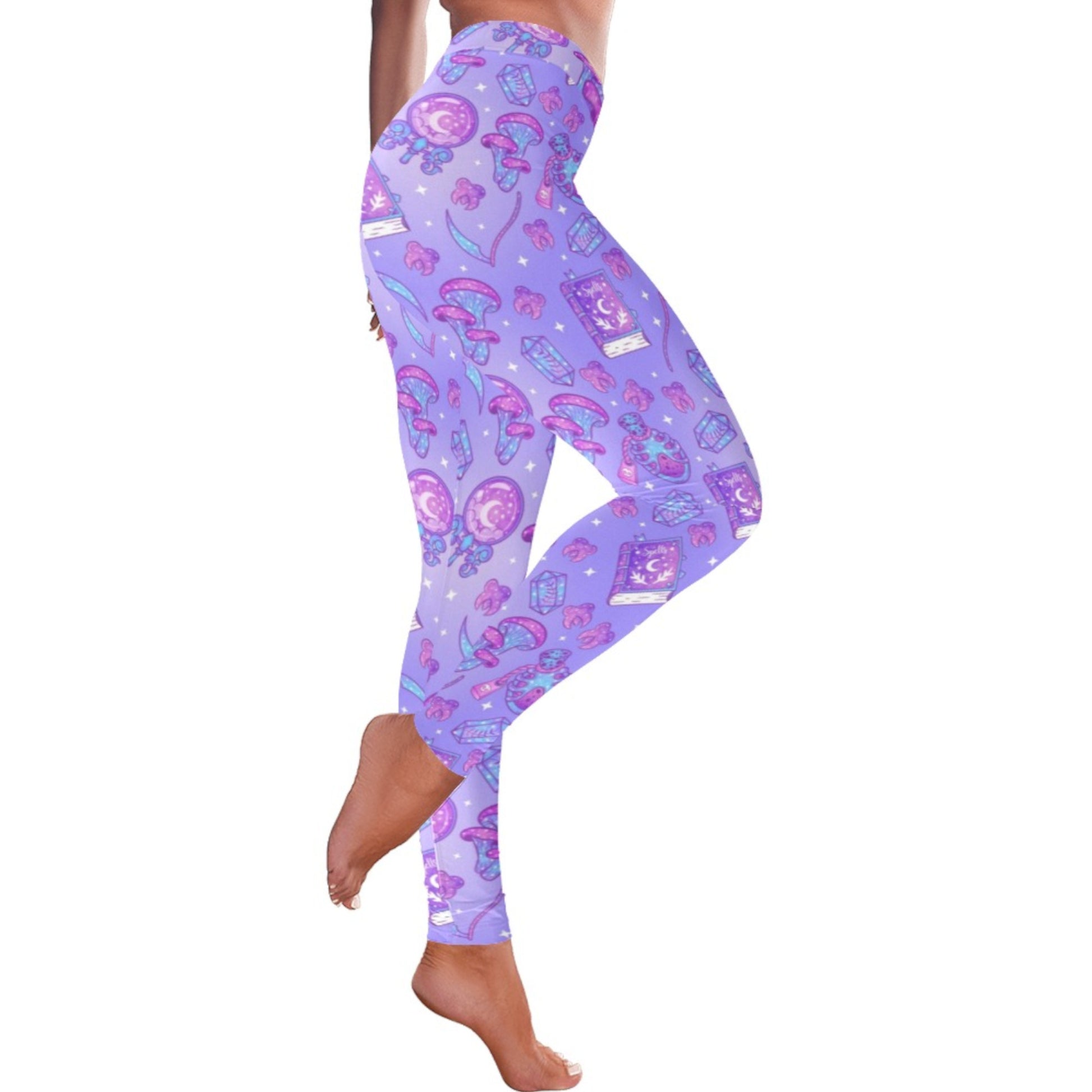 Yami kawaii Witchcraft purple leggings displayed on a clean background.