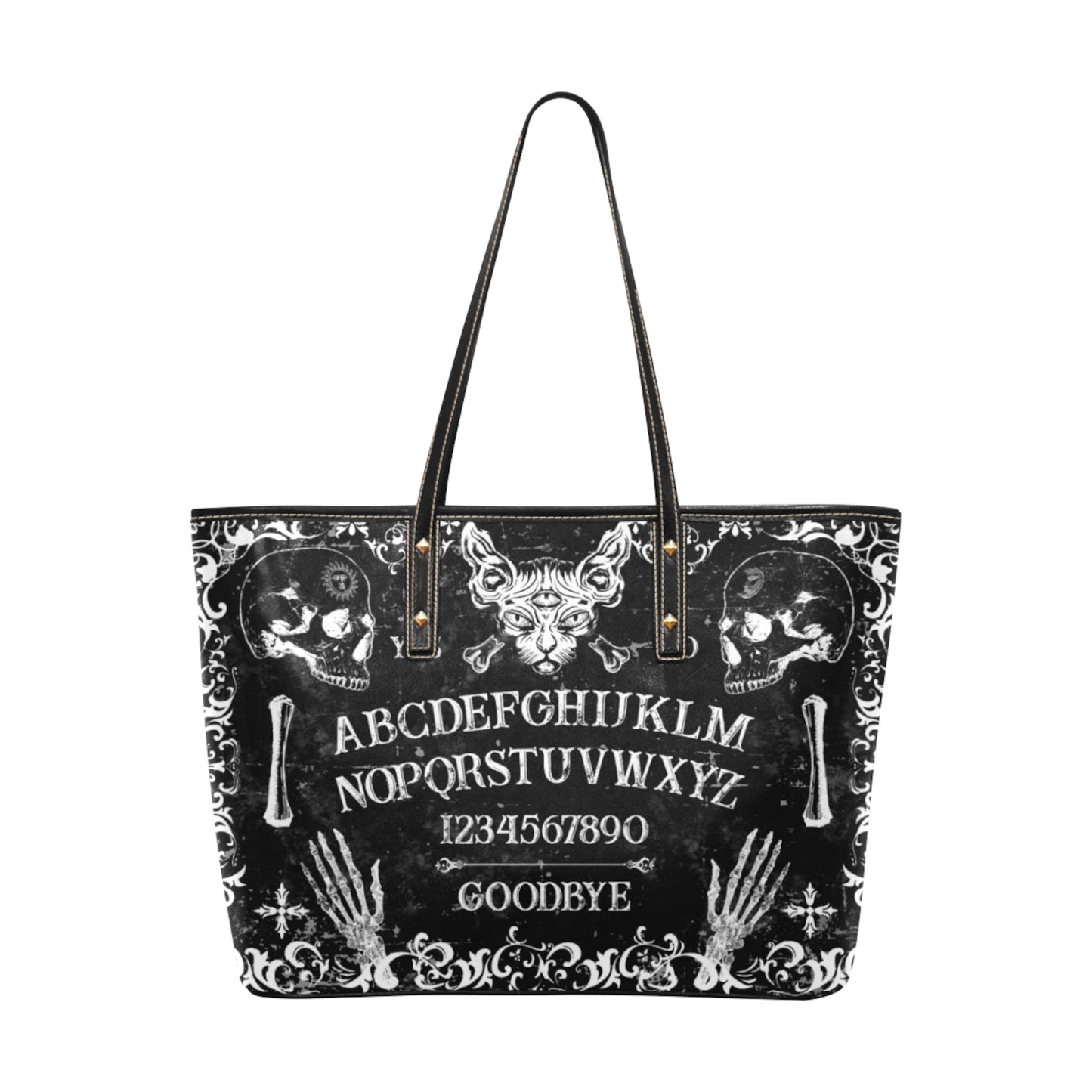 Black Ouija Board tote bag with white text and designs on a white background
