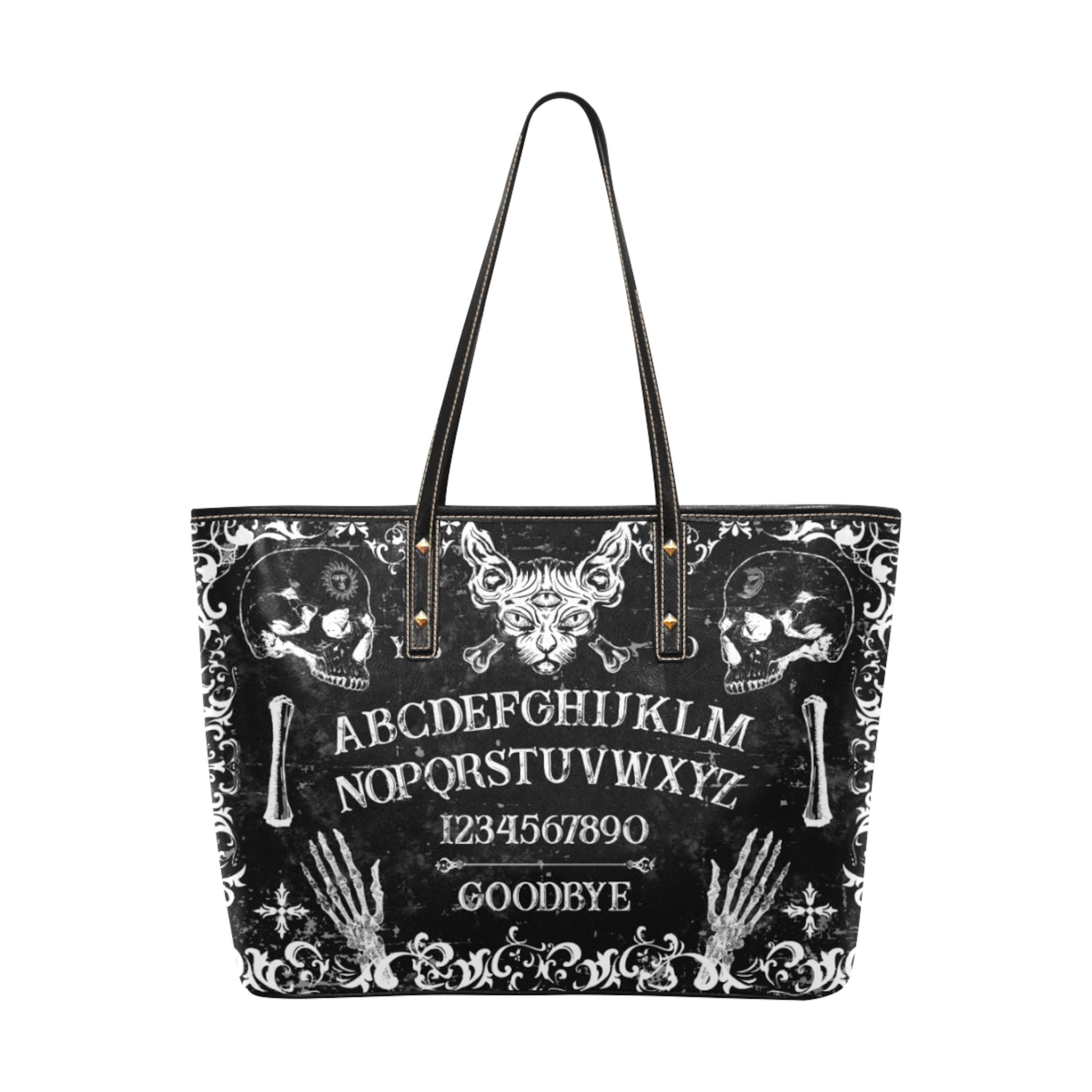Black Ouija Board tote bag with white text and designs on a white background