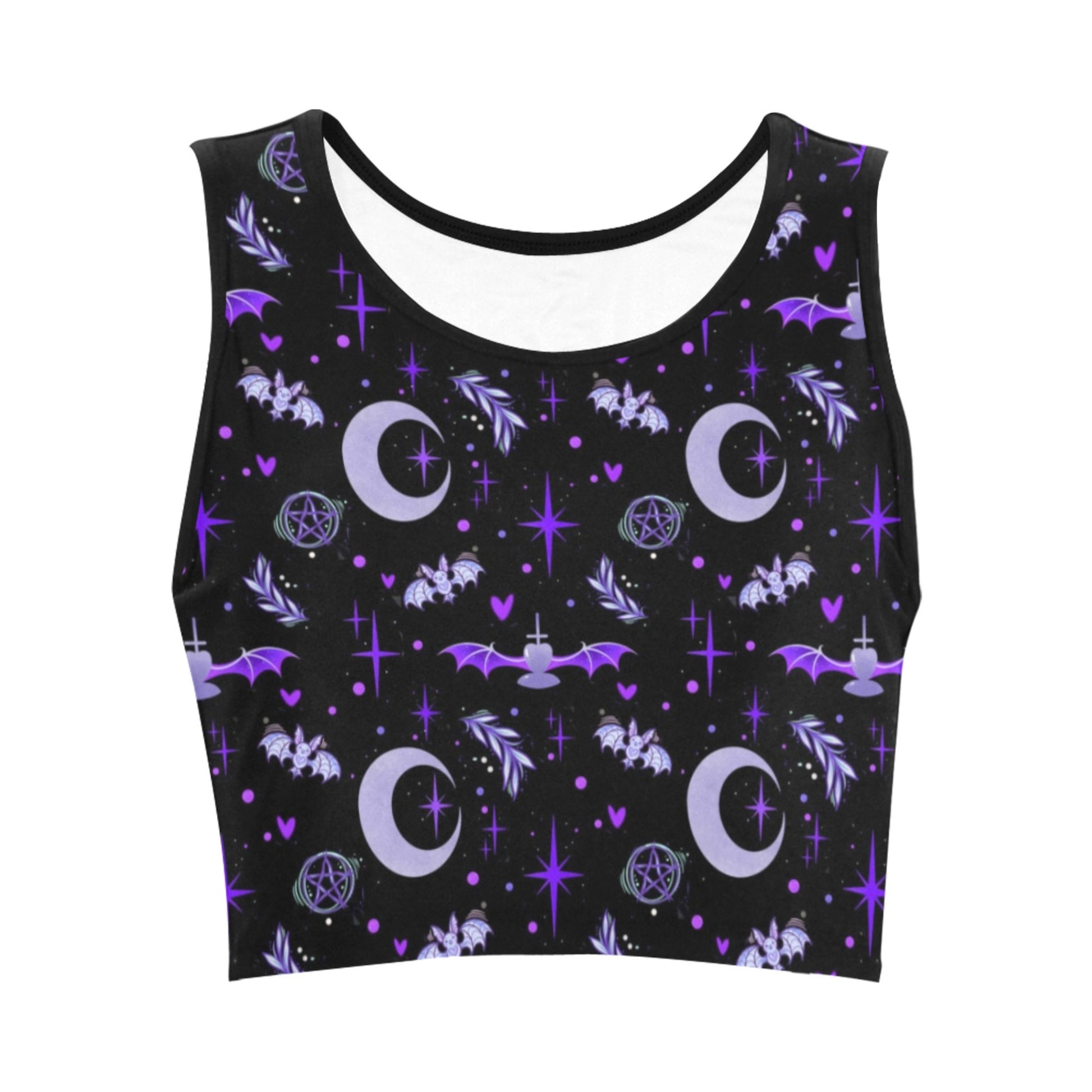 pastel goth bat crop top displayed on clean white background.
