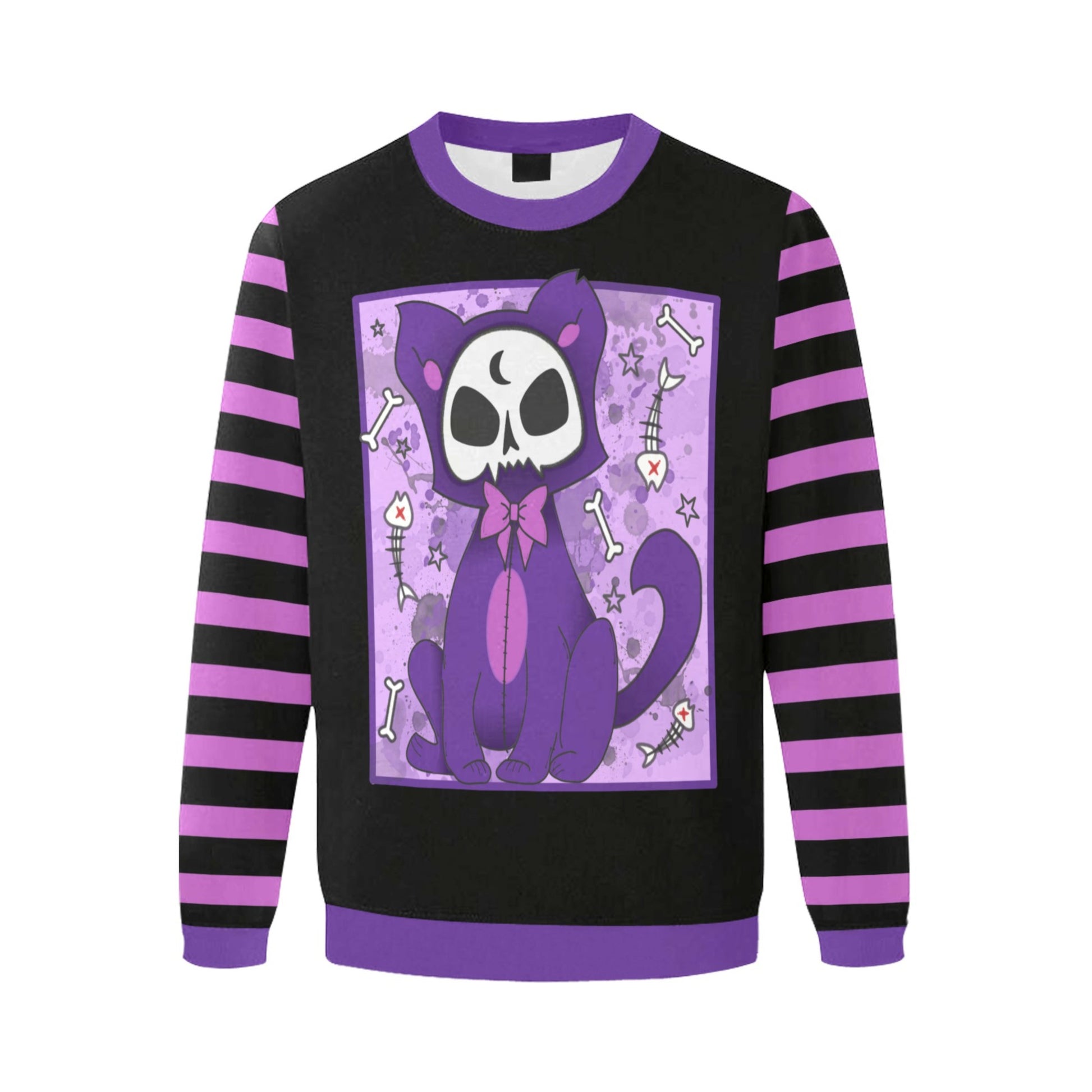 Purple and black pastel goth cat sweatshirt displayed on clean background.