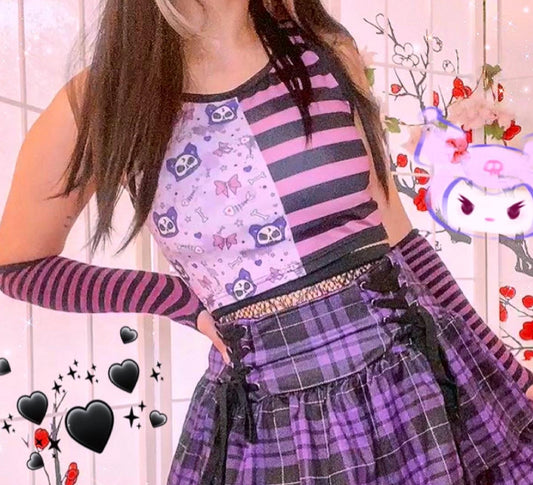 Teen girl dressed in Pastel Goth Cats Skull Crop Top  Yami Kawaii 