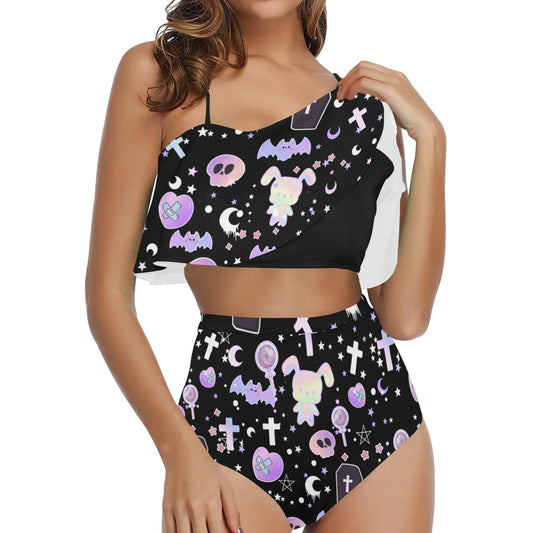 Pastel Goth Yami Kawaii Black High Waisted Flounce Bikini Set displayed on a clean background