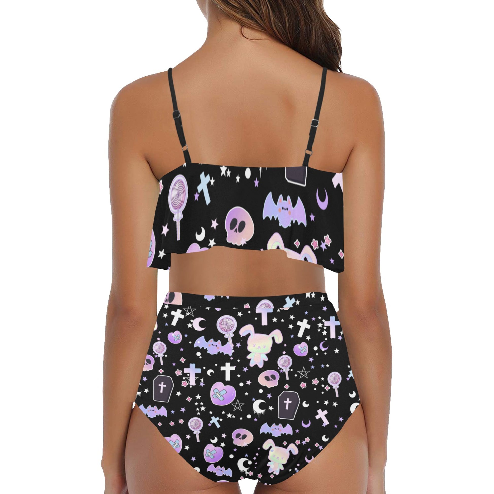 Pastel Goth Yami Kawaii Black High Waisted Flounce Bikini Set displayed on a clean background