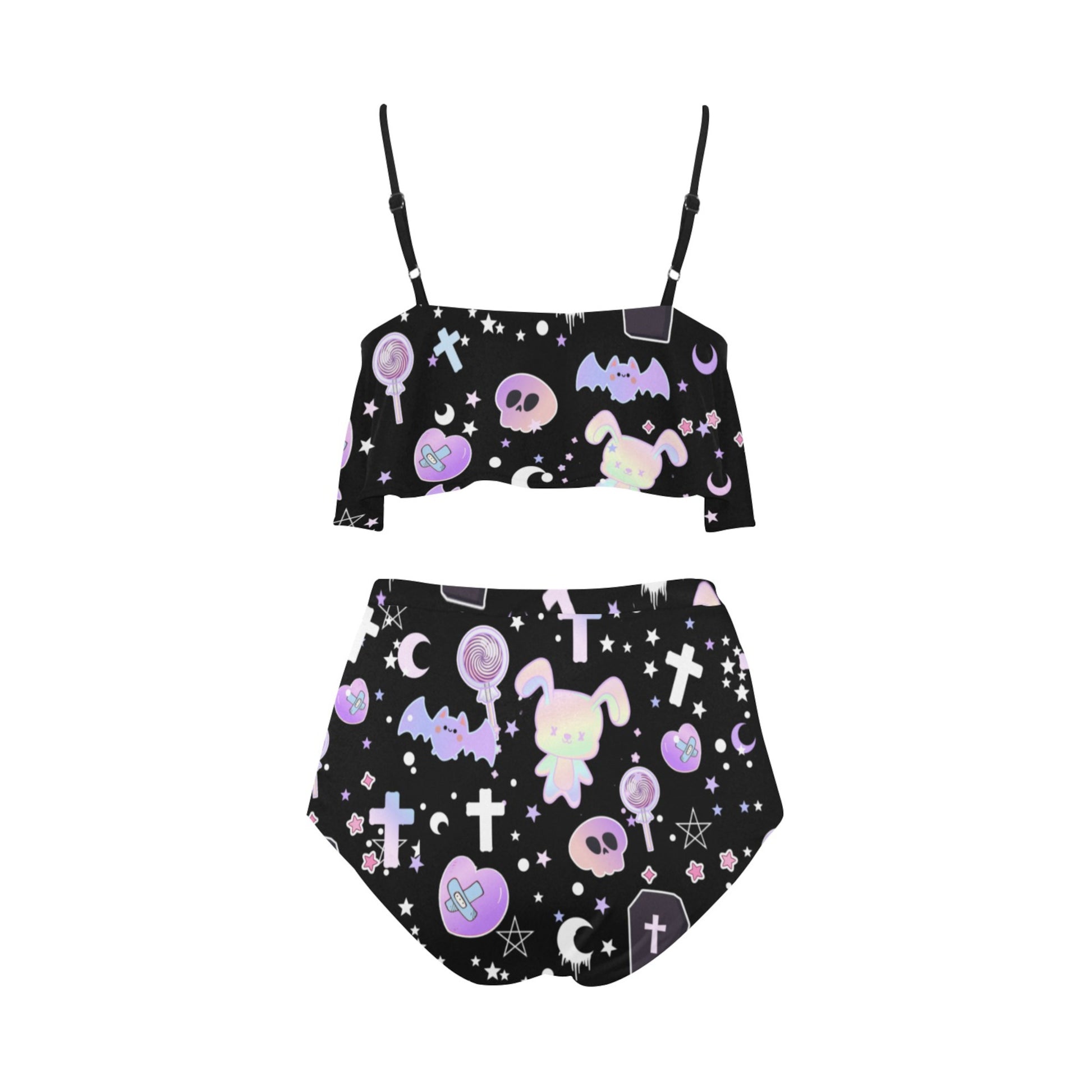 Pastel Goth Yami Kawaii Black High Waisted Flounce Bikini Set displayed on a clean background