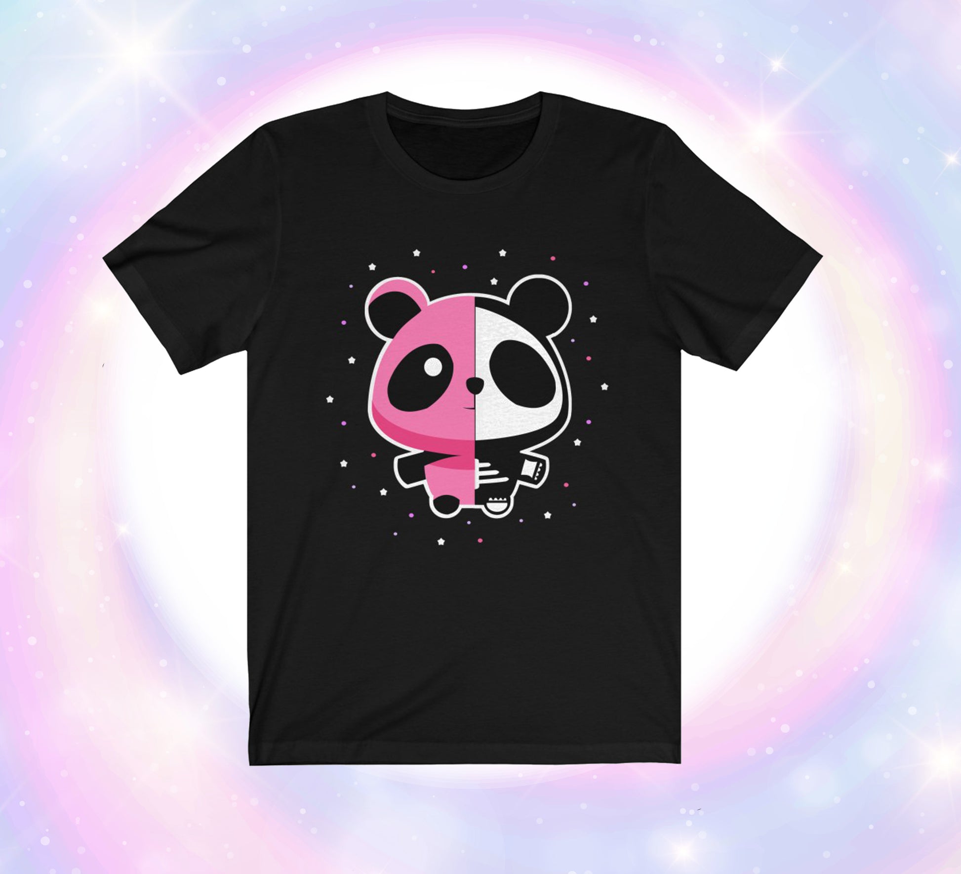 
Pastel goth t-shirt with spooky pink panda bat purple print on pastel background.