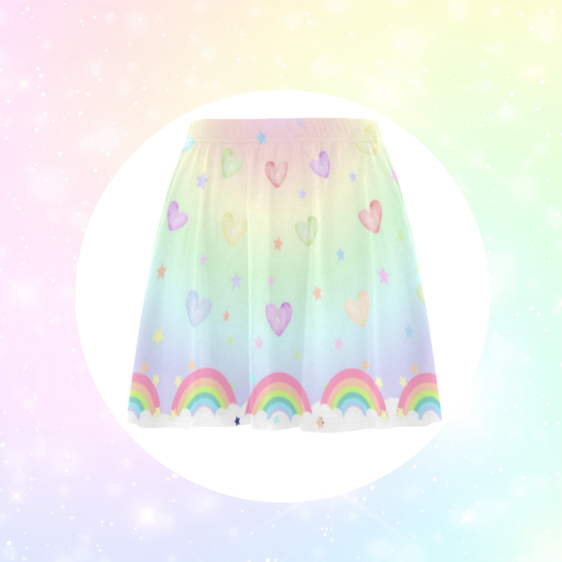 rainbow pastel kawaii skirt displayed on coloured background.
