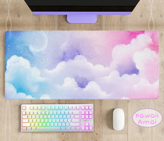 Pastel kawaii desk mat with charming motifs and cozy aesthetic