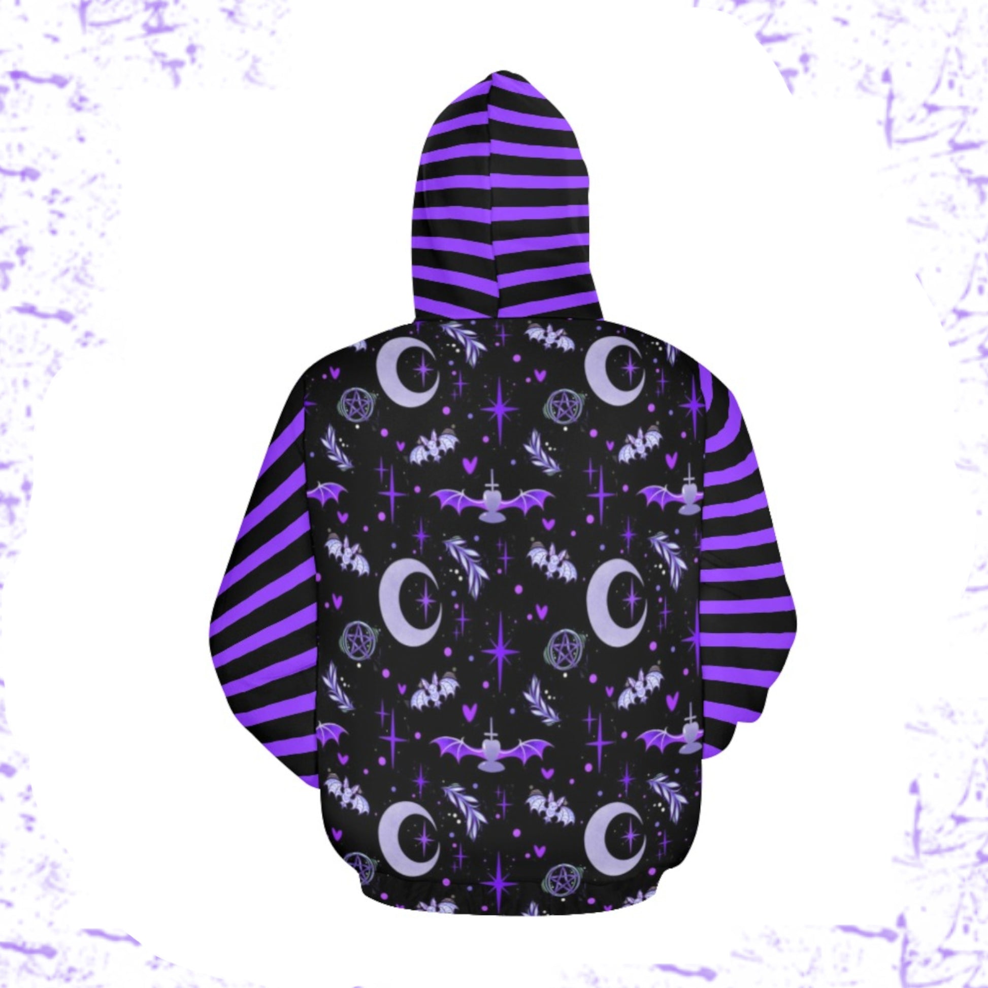  back of a  purple and black pastel goth sweatshirt hoodie displayed on clean white background.