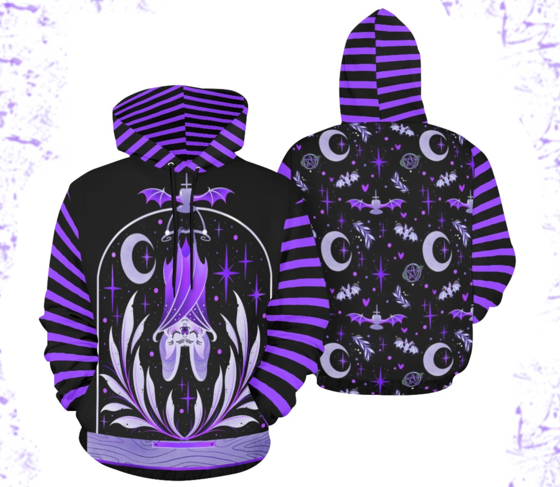 Front and back of a  purple and black pastel goth sweatshirt hoodie displayed on clean white background.