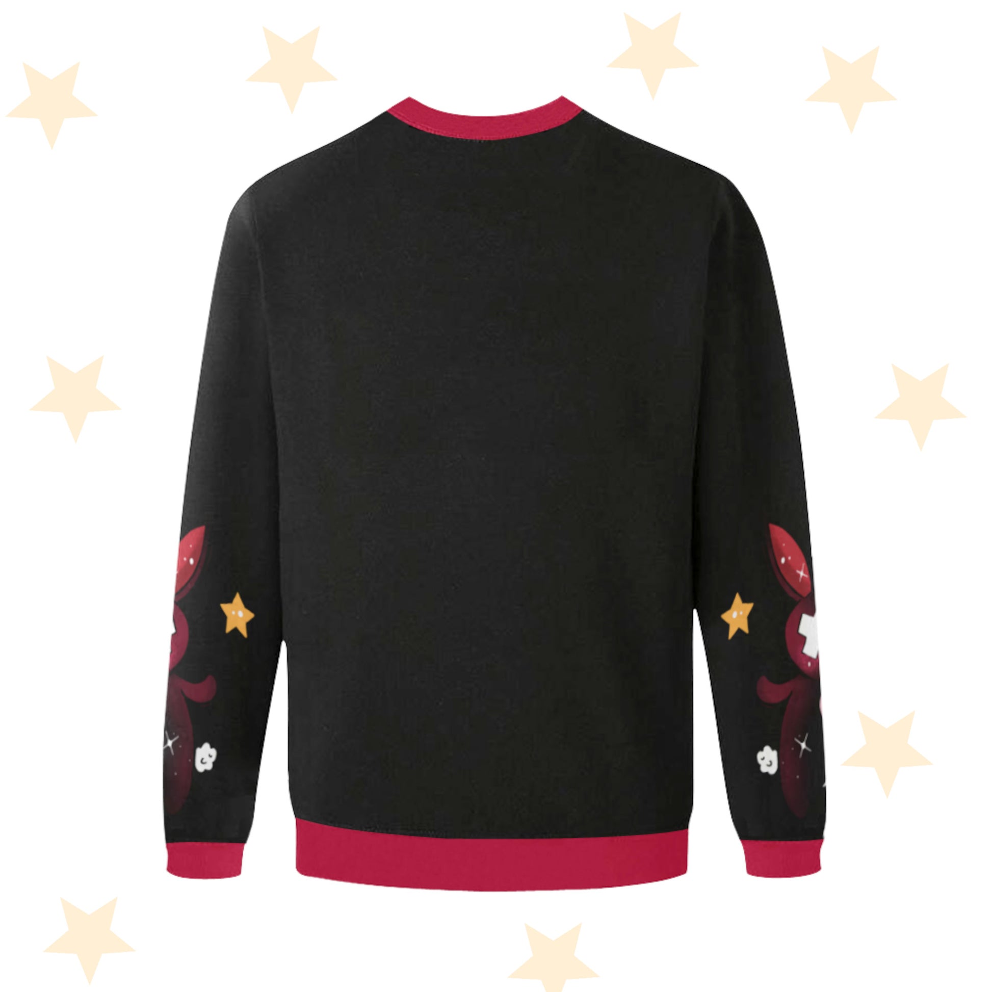 back of a red and black pastel goth sweatshirt displayed on pastel background.