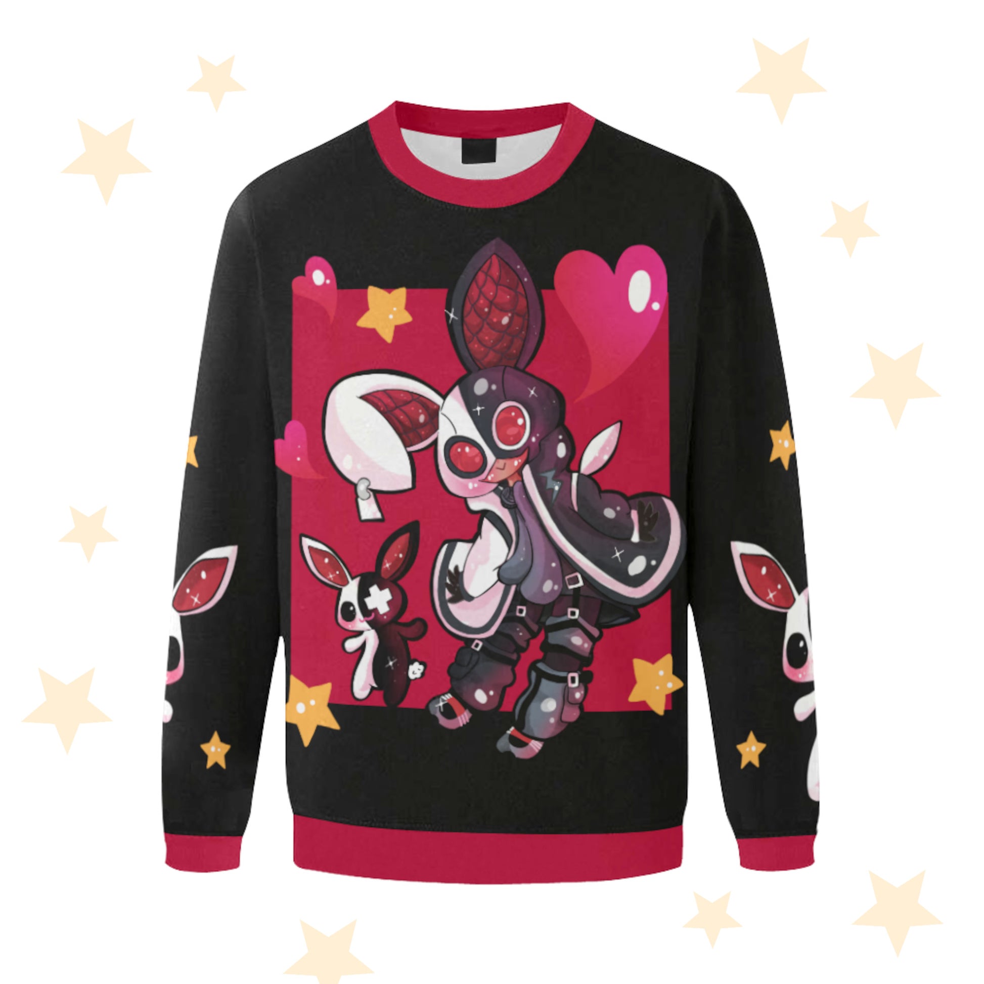 Front of a red and black pastel goth sweatshirt displayed on pastel background.