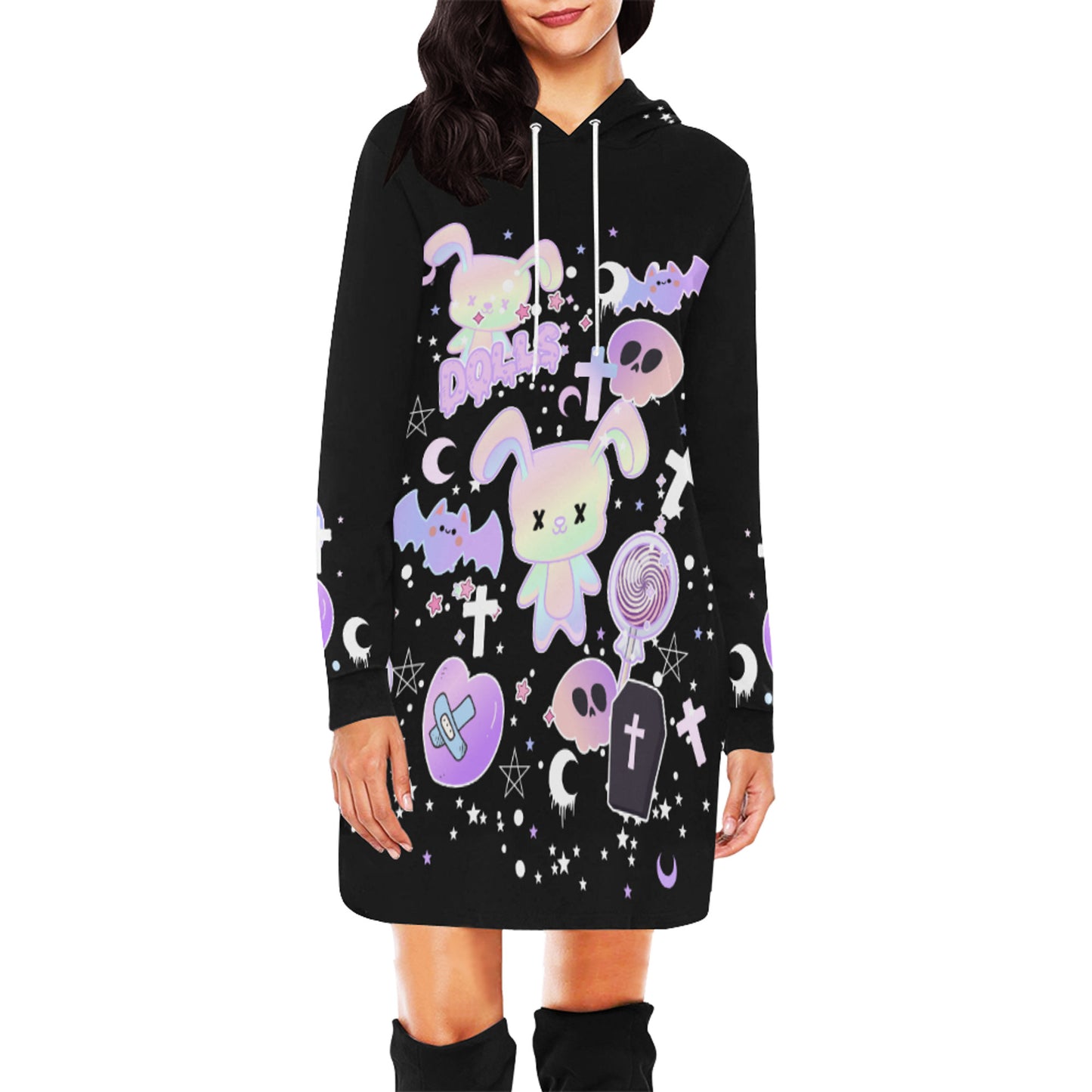 Pastel goth creepy cute bunny skull Halloween hoodie dress on a white background
