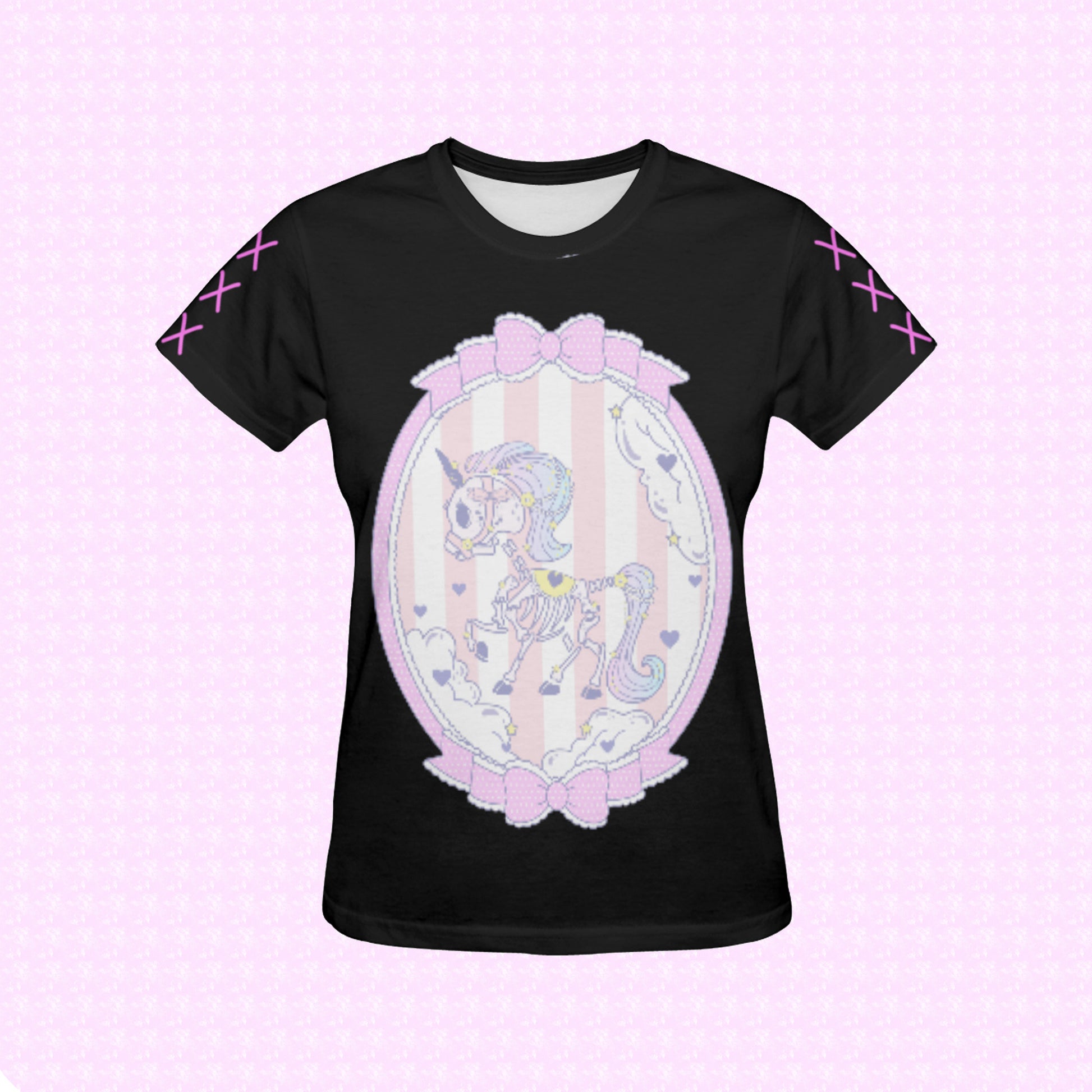 Pastel goth creepy cute unicorn skeleton t-shirt on pastel background.
