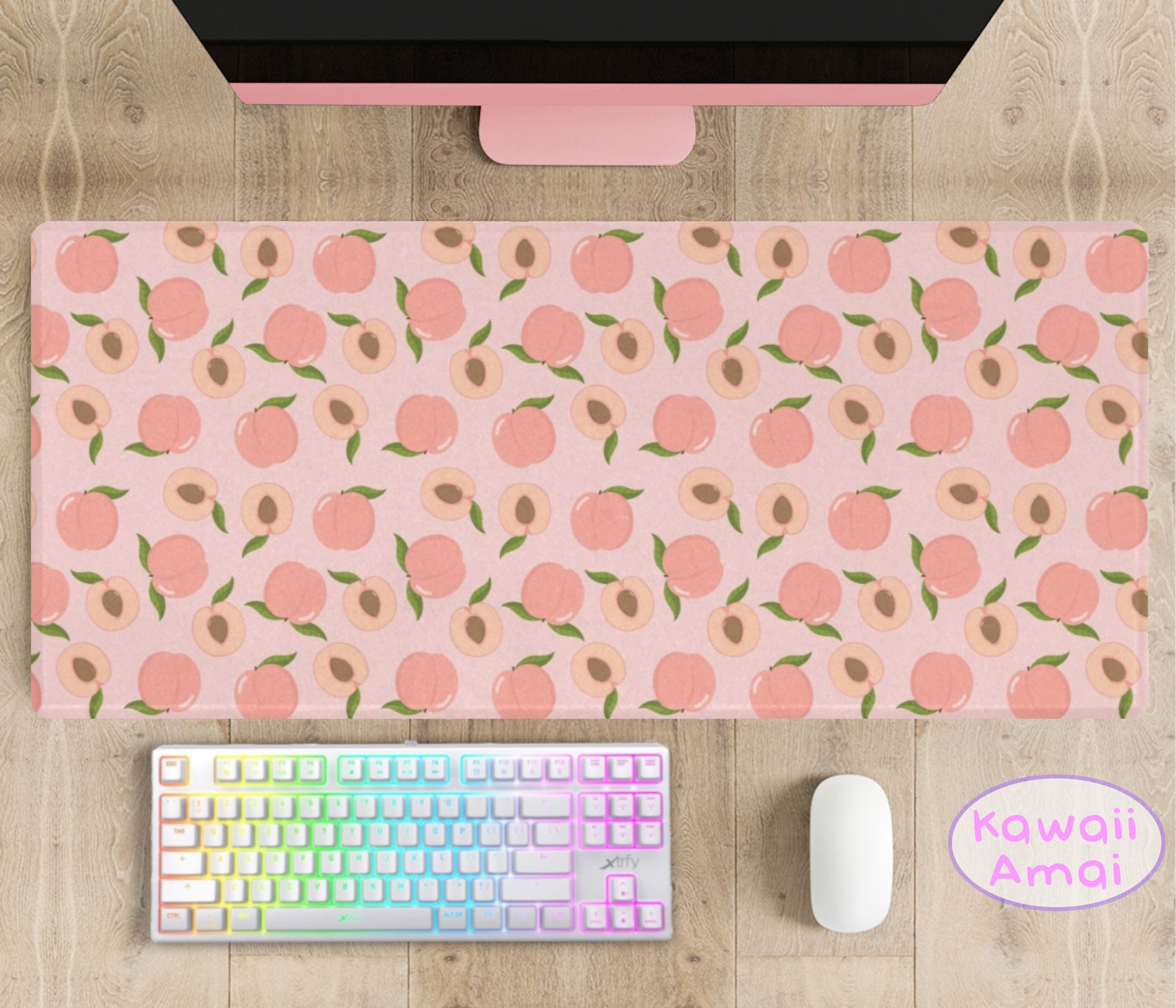 Pastel kawaii desk mat with charming motifs and cozy aesthetic