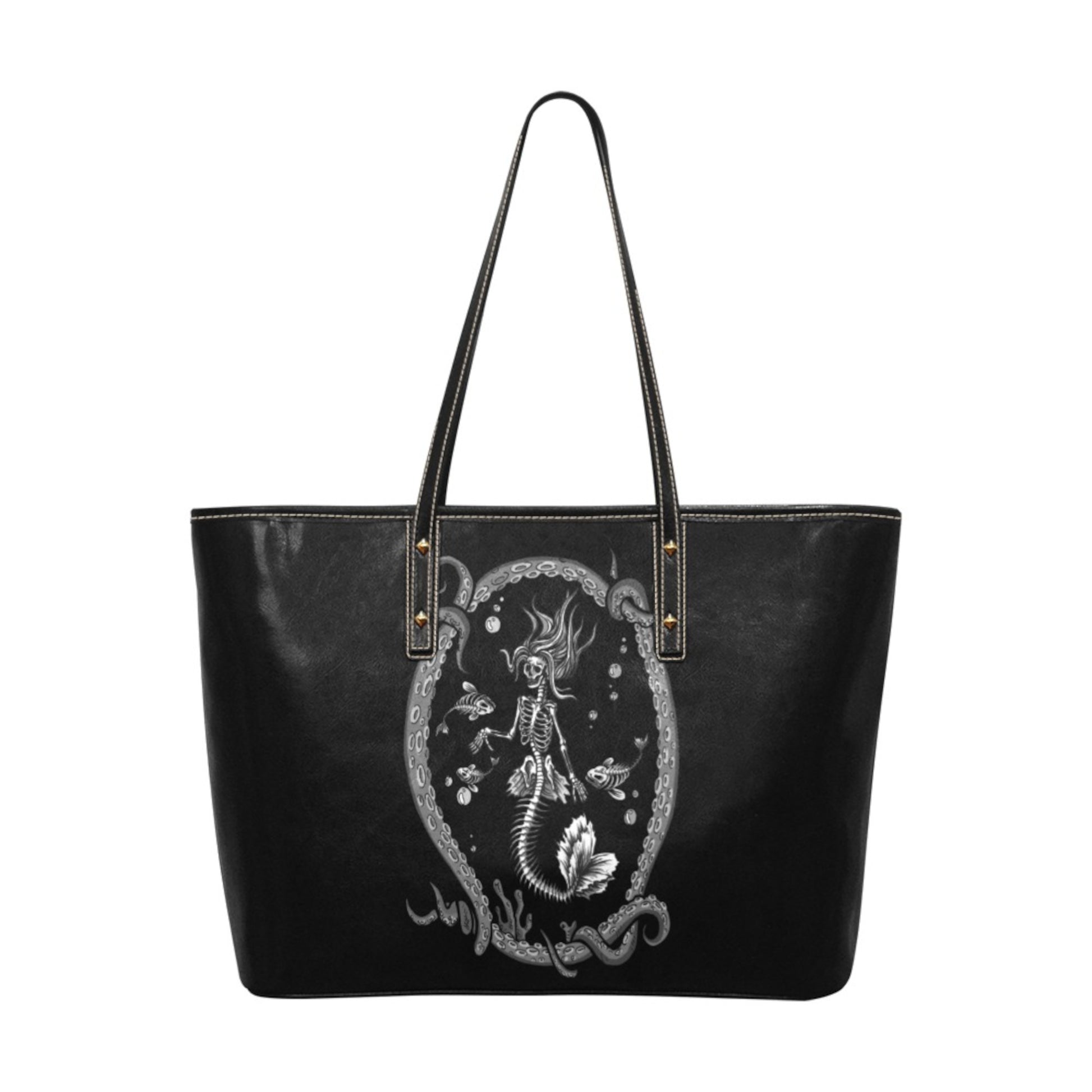 black tote bag with a skeleton mermaid design on a white background