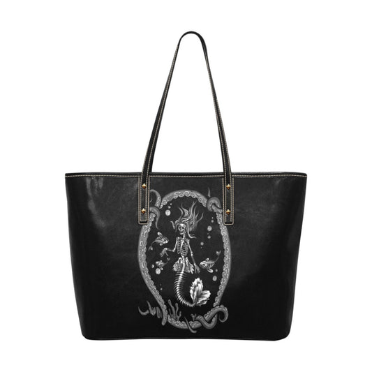 black tote bag with a skeleton mermaid design on a white background