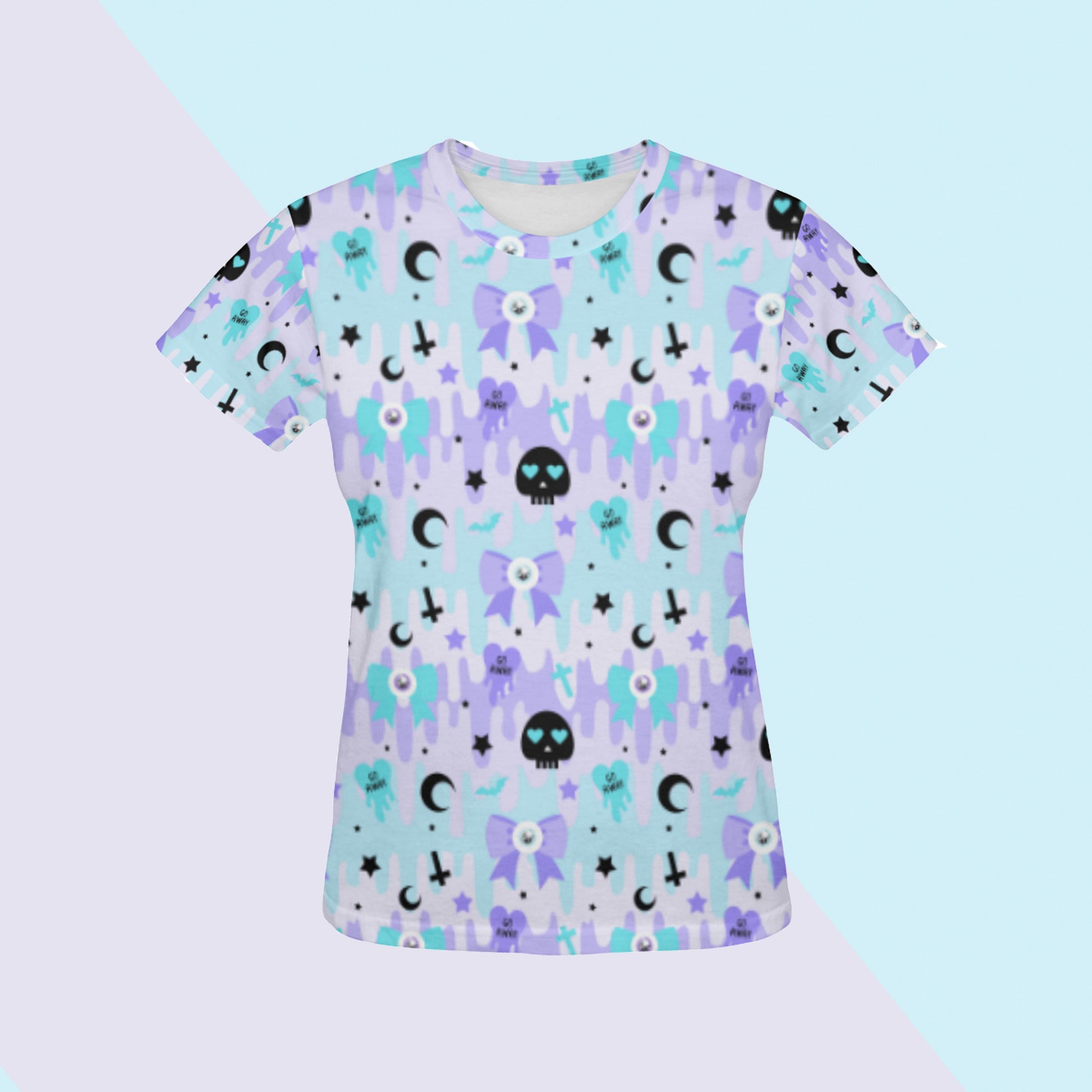 Pastel goth blue t-shirt displayed on pastel background.