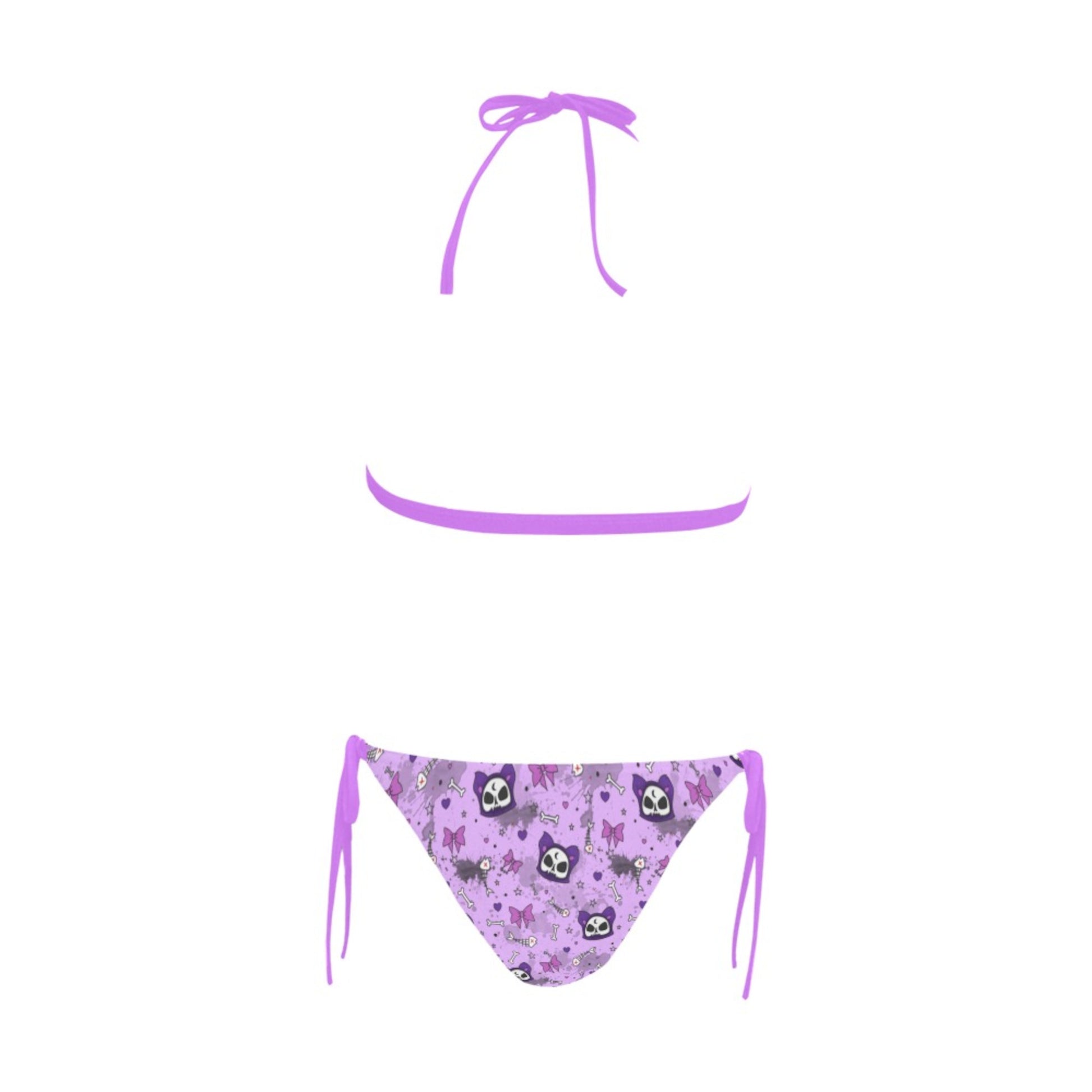 Yami Kawaii Pastel Goth Cat Skull Cat Halter Bikini displayed on a white background