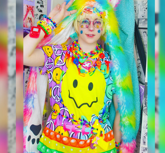 Model dressed in colorful Decora Kei and Kidcore fashion with vibrant  colours