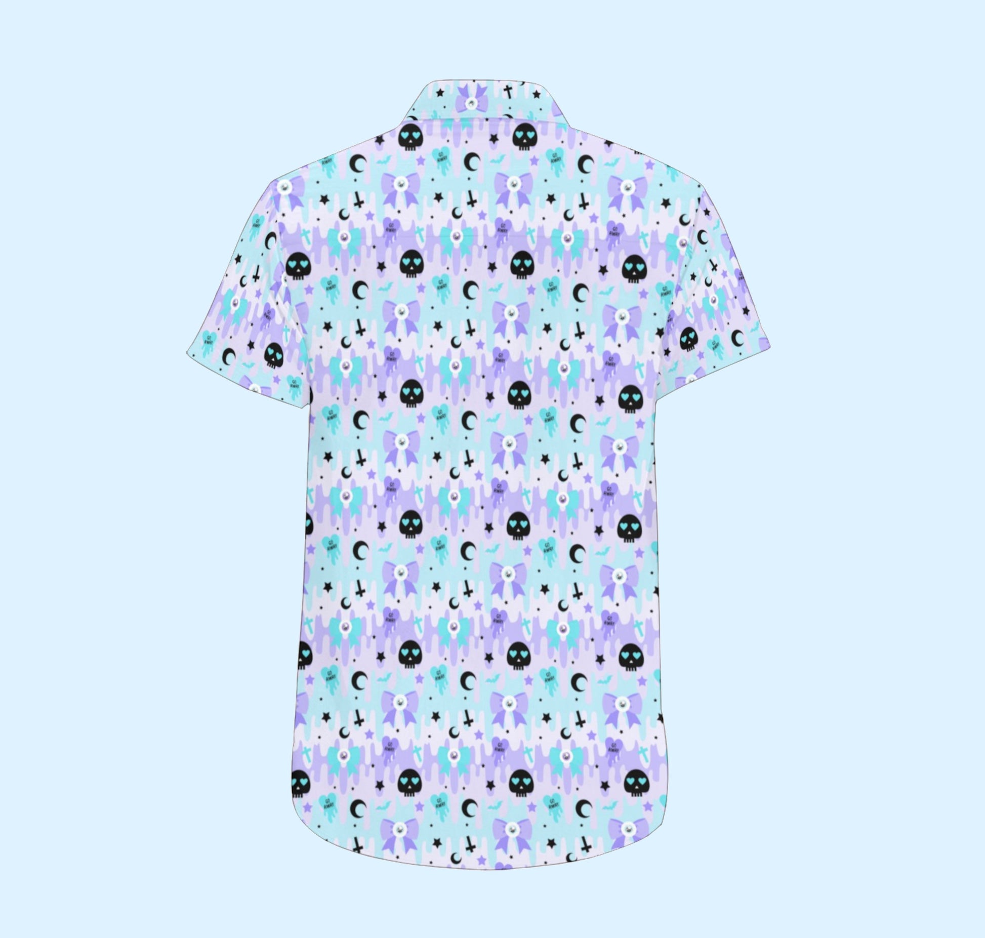 Pastel goth shirt with skull print on coloured background.