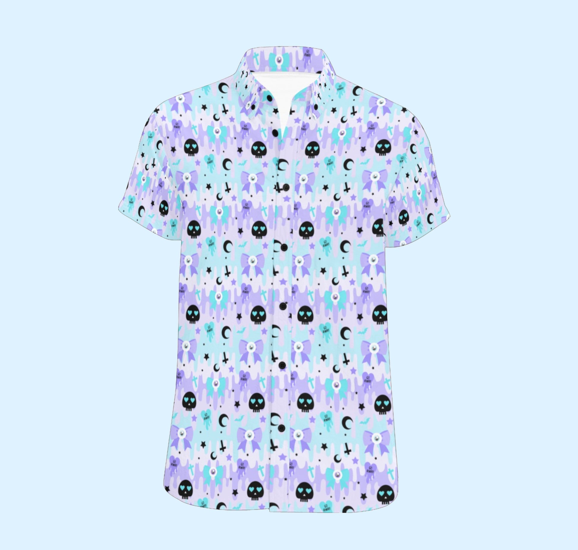 Pastel goth shirt with skull print on coloured background.