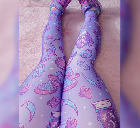 Model wearing Yami Kawaii creepy cute Witchcraft Purple Leggings 
