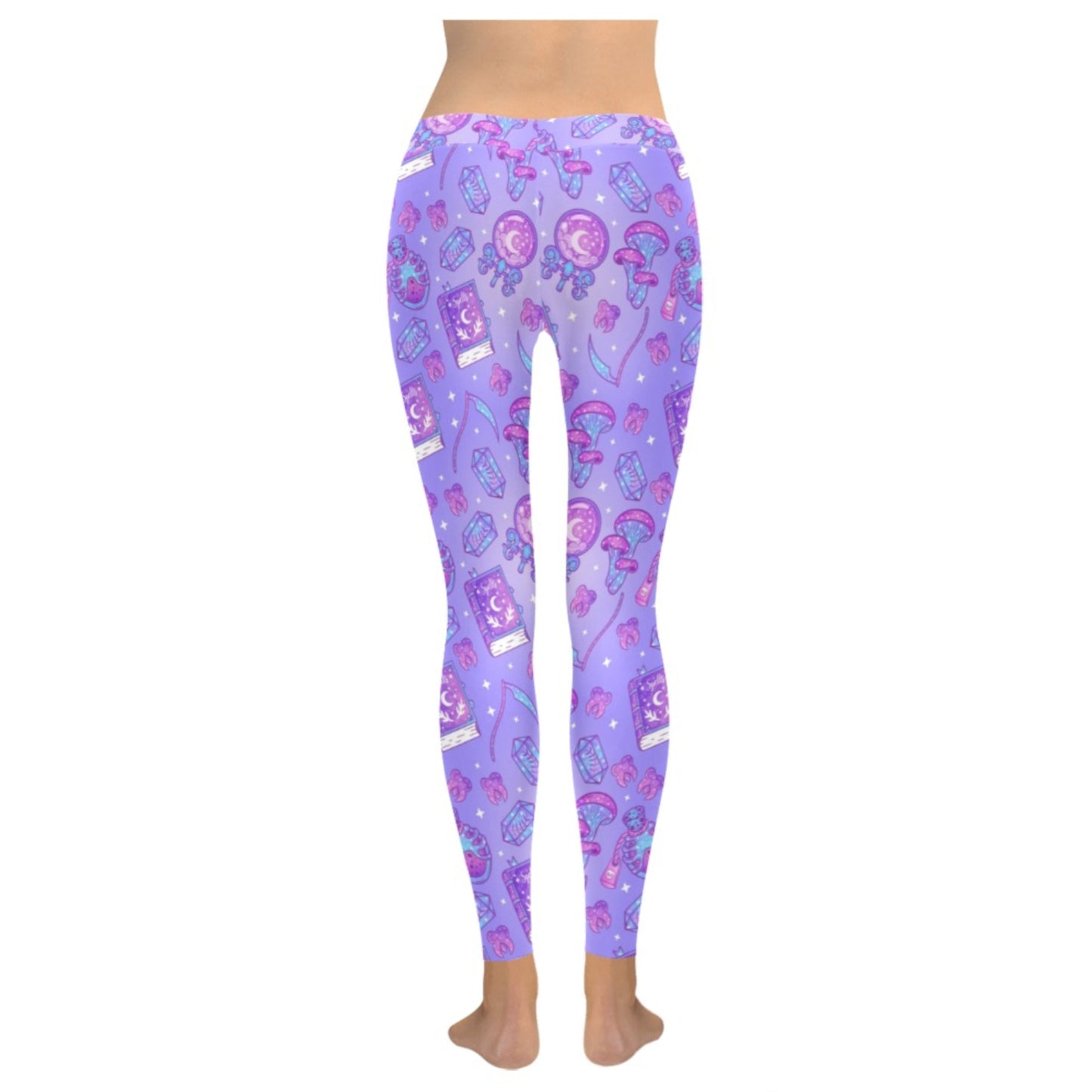 Yami kawaii Witchcraft purple leggings displayed on a clean background.