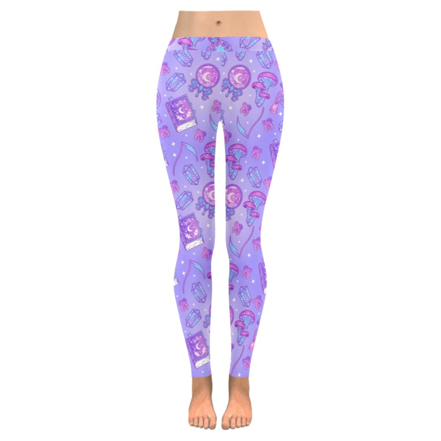 Yami kawaii Witchcraft purple leggings displayed on a clean background.