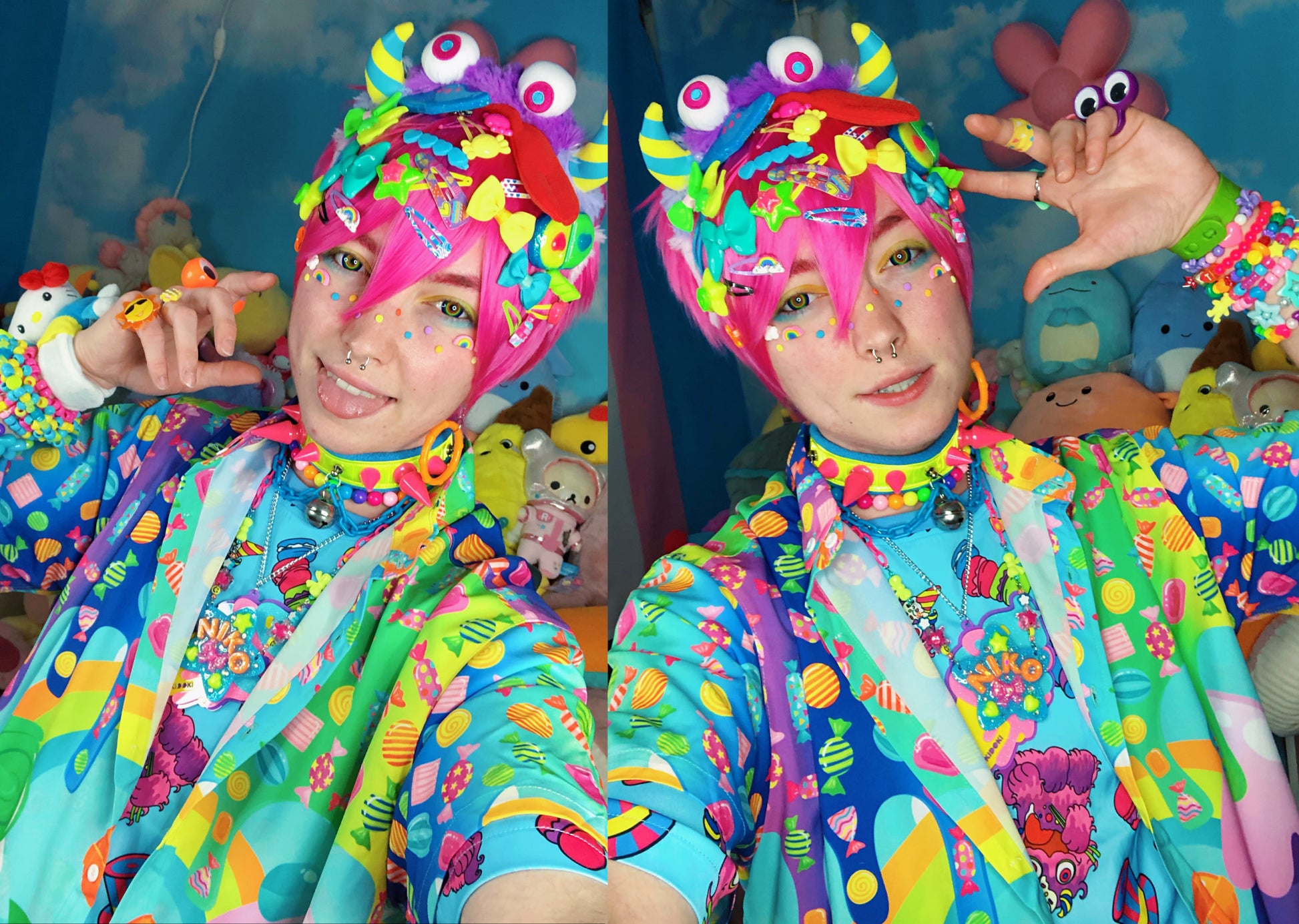Youthful model wearing a cute harajuku shirt with candyworld print