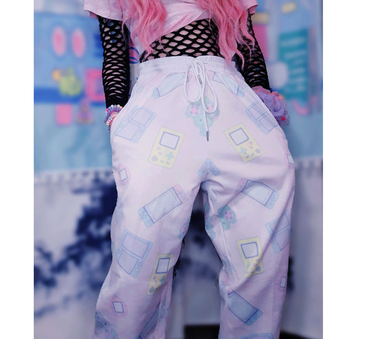 model wearing Yume Kawaii Fairy kei Video Game Jogger Pants