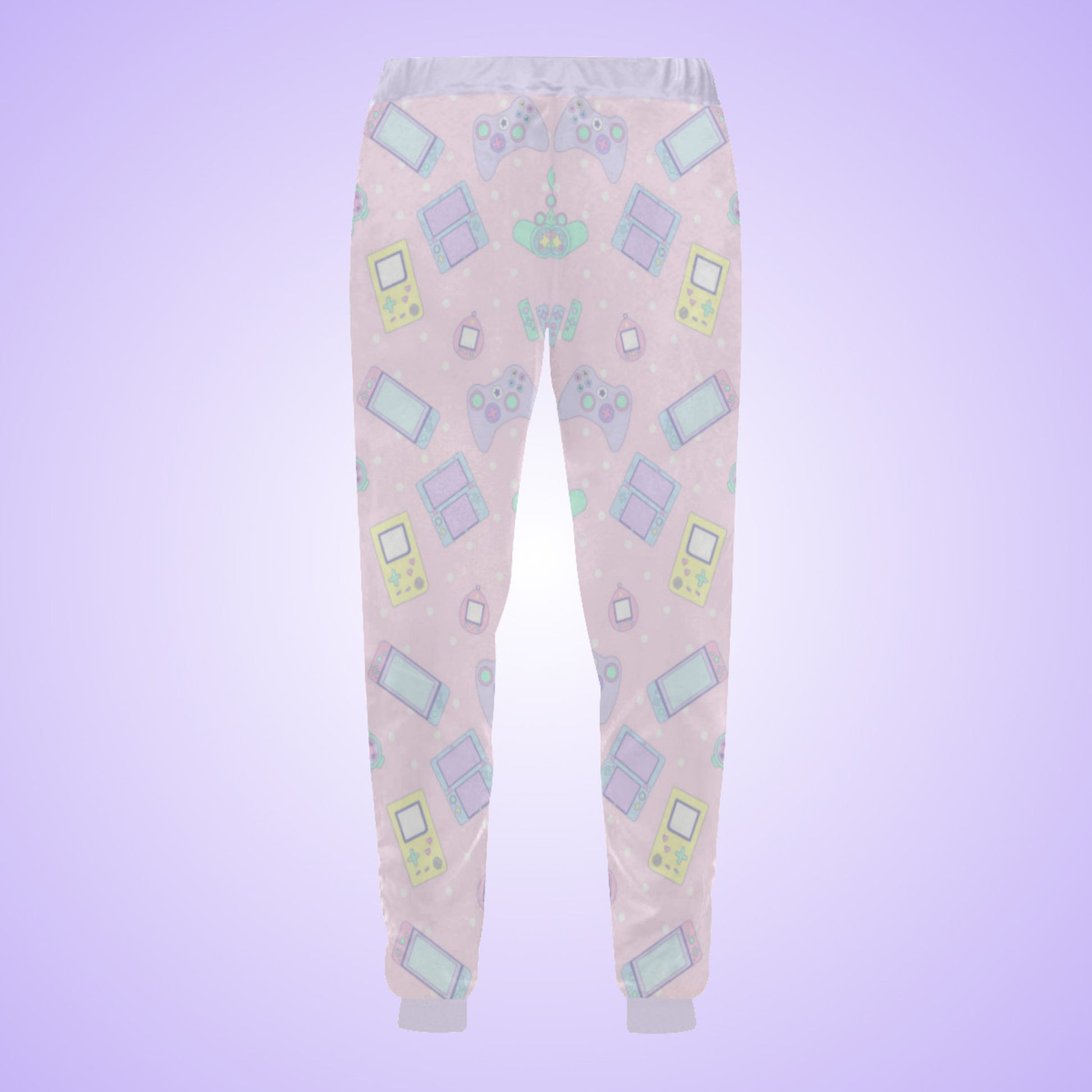 Yume Kawaii Fairy kei Video Game Jogger Pants displayed on pastel background.